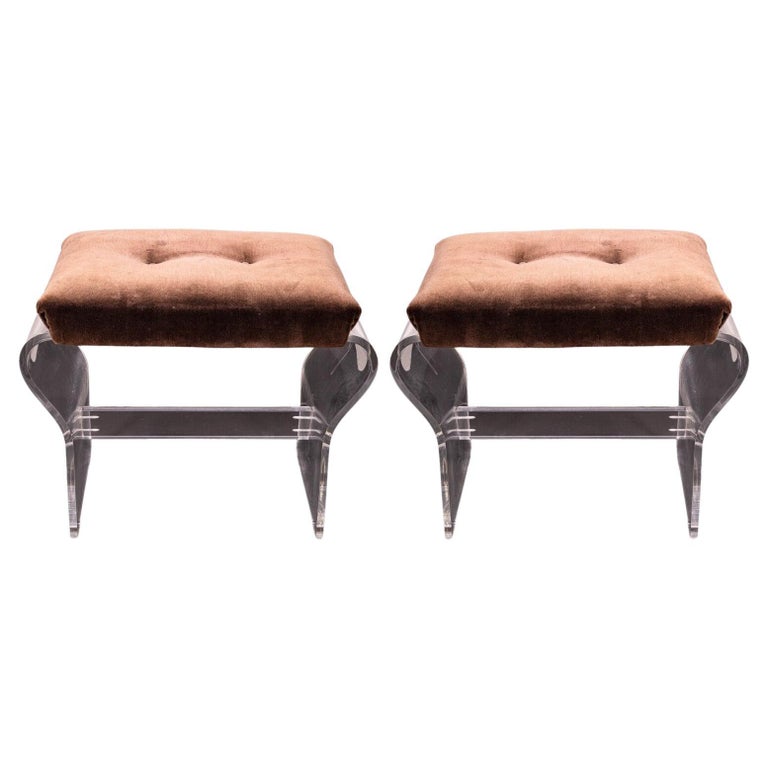 MidCentury Modern Pair of Lucite Brown Ottoman Stools by Hill