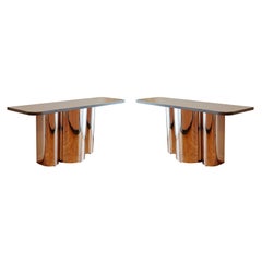 Mid-Century Modern Pair of Marble on Chrome Rounded Console Tables, 1970s