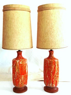 Mid-Century Modern Pair of Monumental Ceramic Drip Glaze Table Lamps & Shades