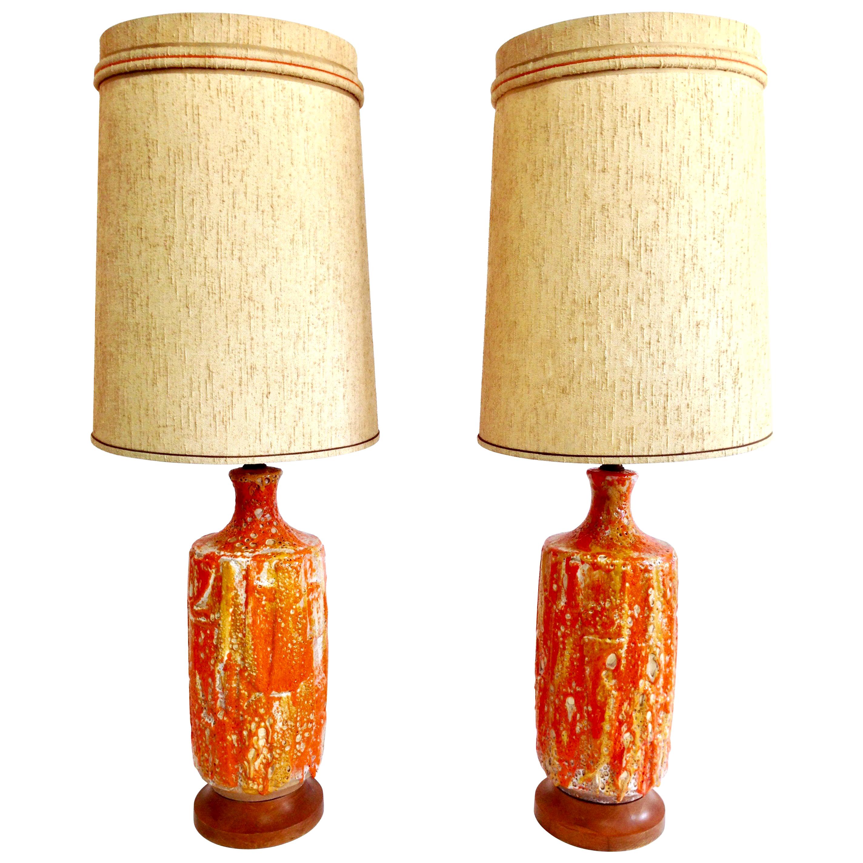 Mid-Century Modern Pair of Monumental Ceramic Drip Glaze Table Lamps and Shades For Sale