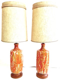 Mid-Century Modern Pair of Monumental Ceramic Drip Glaze Table Lamps and Shades