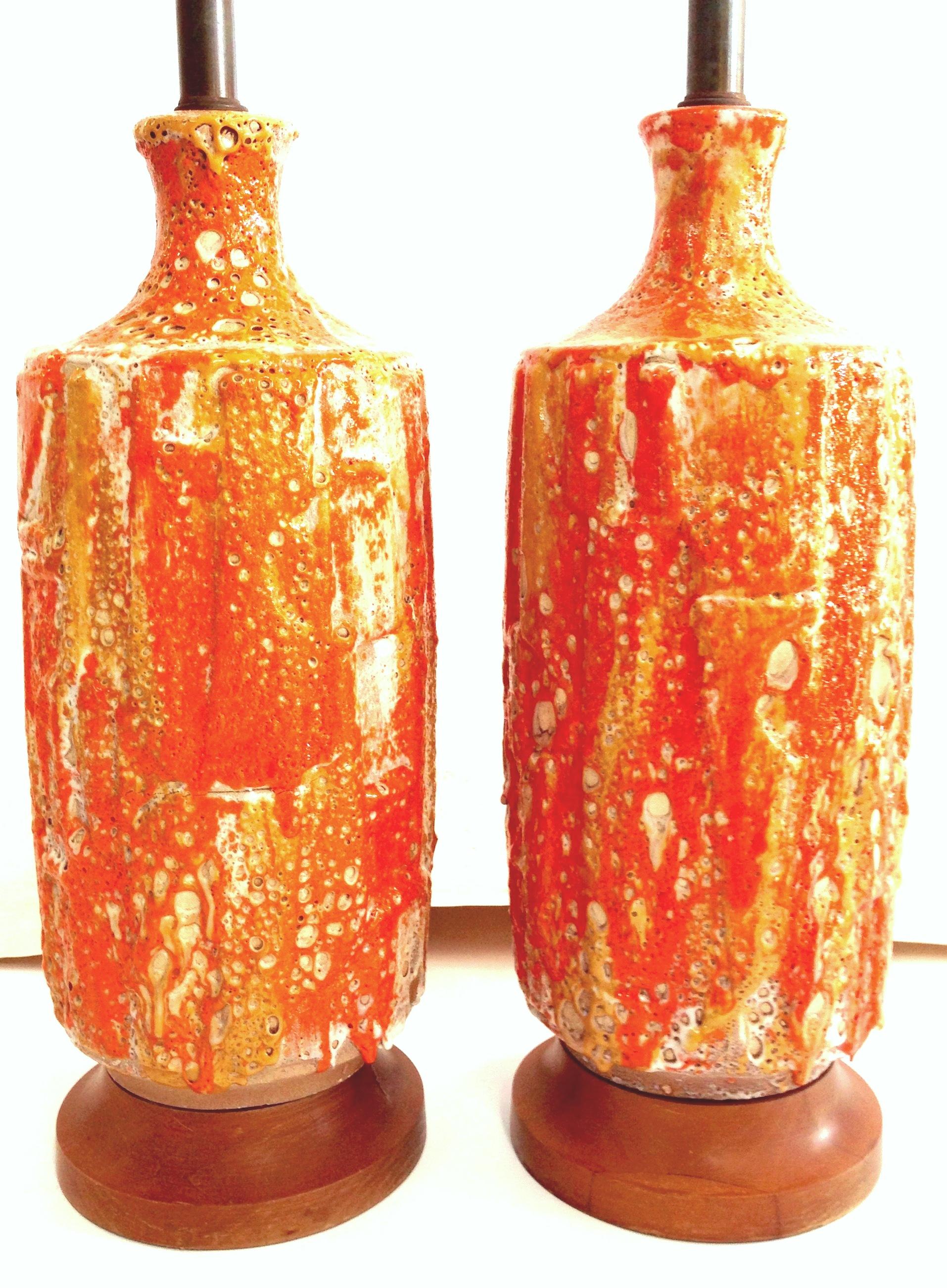 20th Century Mid-Century Modern Pair of Monumental Ceramic Drip Glaze Table Lamps and Shades For Sale