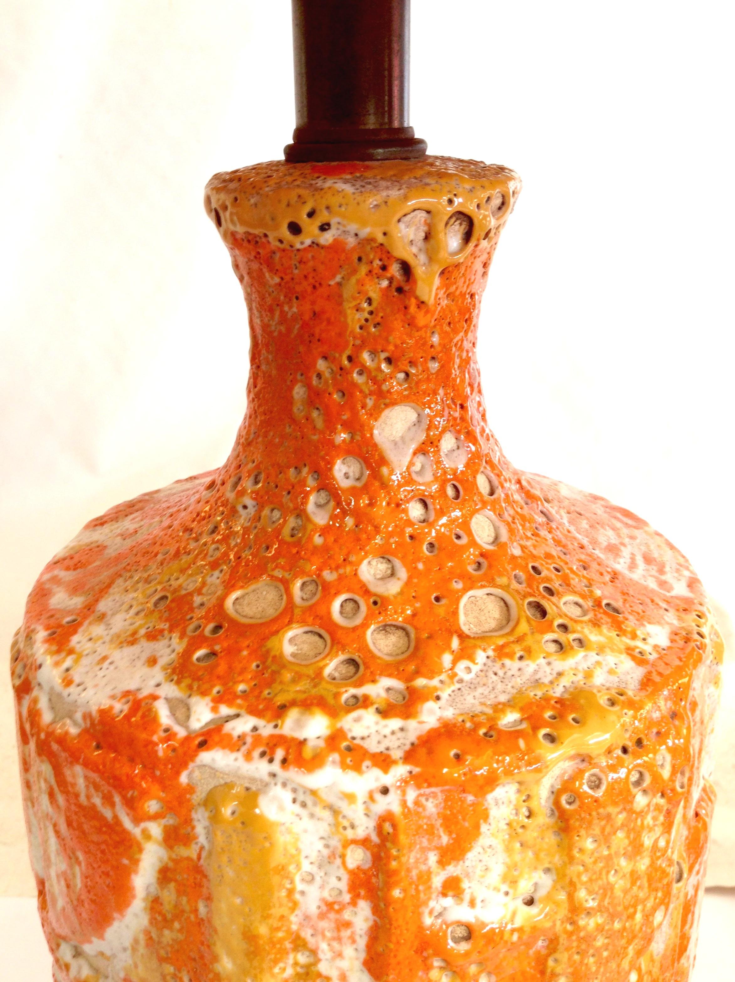 20th Century Mid-Century Modern Pair of Monumental Ceramic Drip Glaze Table Lamps & Shades