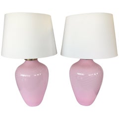 Mid-Century Modern Pair of Murano Glass Pink Swirl Table Lamps Made in Italy
