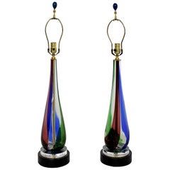 Vintage Mid-Century Modern Pair of Murano Glass Table Lamps Italian Red Blue Green 1960s