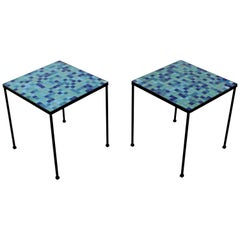 Mid-Century Modern Pair of Murano Glass Tile and Iron Side or End Tables, Italy