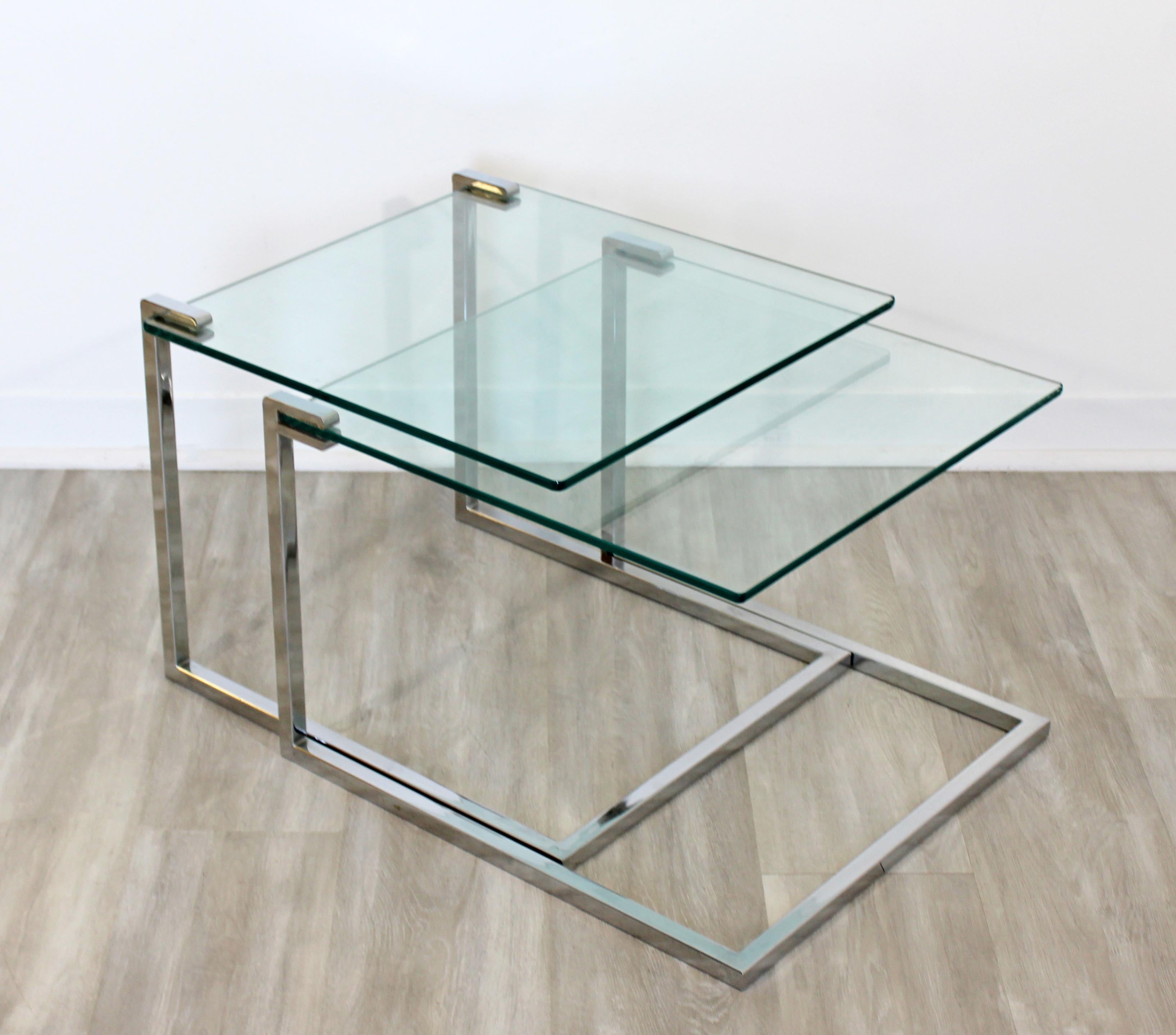 American Mid-Century Modern Pair of Nesting Side Tables Cantilever Chrome and Glass 1970s