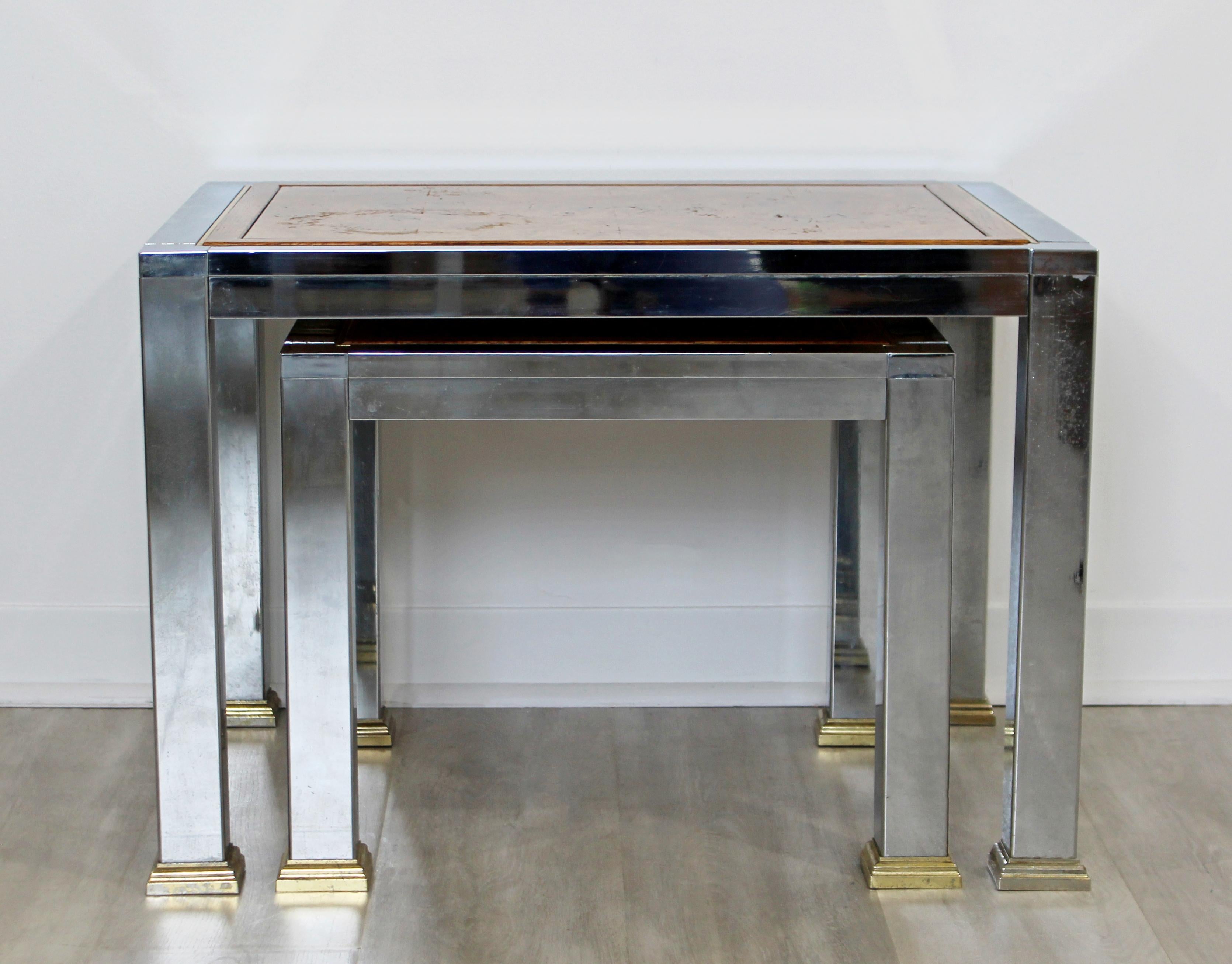 Mid-Century Modern Pair of Nesting Stacked Tables Burl Wood Chrome Brass, 1960s In Good Condition In Keego Harbor, MI