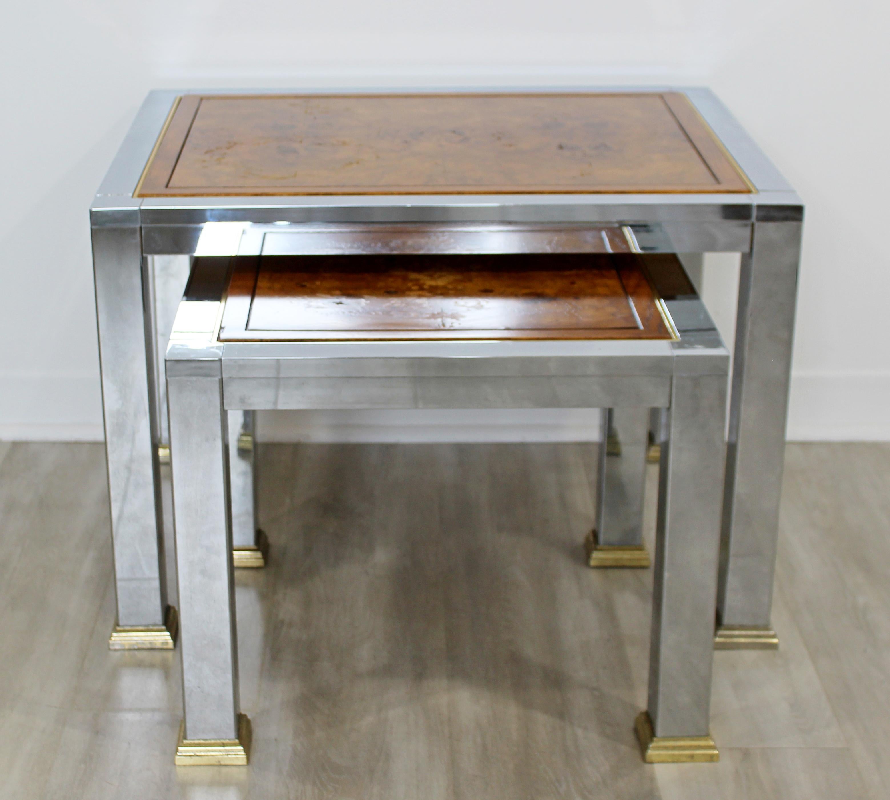 Mid-Century Modern Pair of Nesting Stacked Tables Burl Wood Chrome Brass, 1960s 1