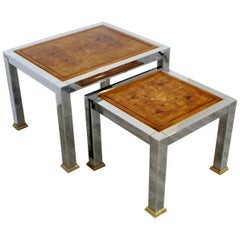 Paire de tables gigognes empilées modernes en bois de ronce et laiton chromé, années 1960