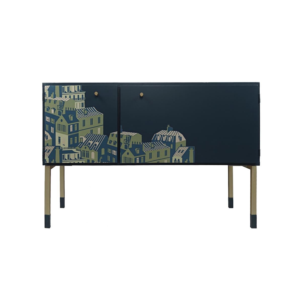 Mid-Century Modern Pair of Night Stands in Night Blue with Cityscape Decoration For Sale 5