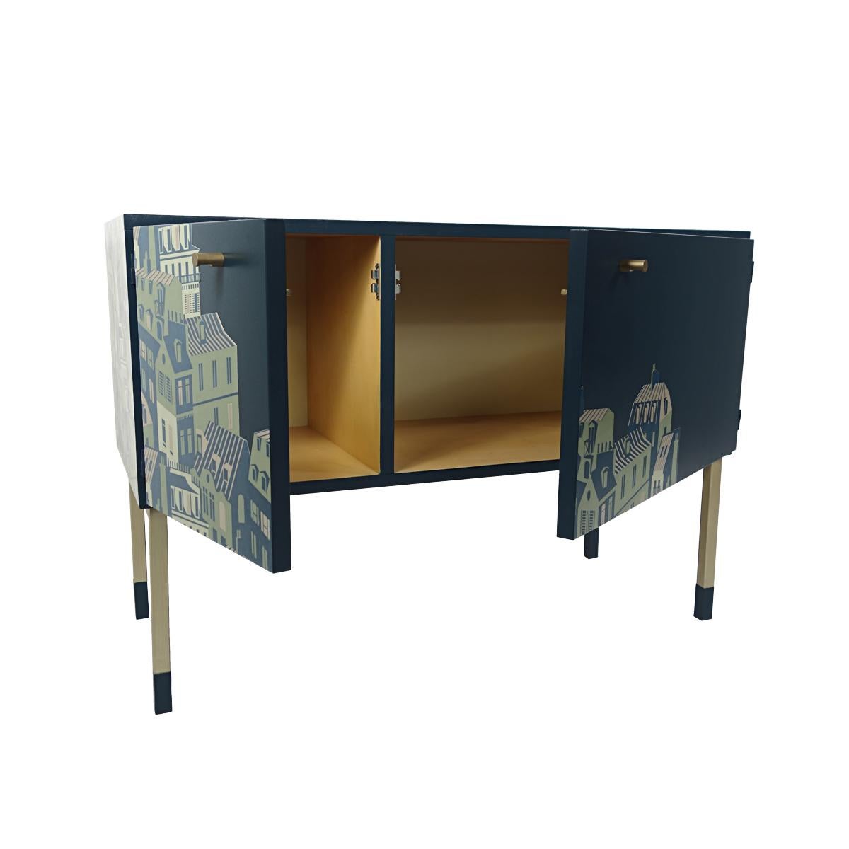 Mid-Century Modern Pair of Night Stands in Night Blue with Cityscape Decoration For Sale 7