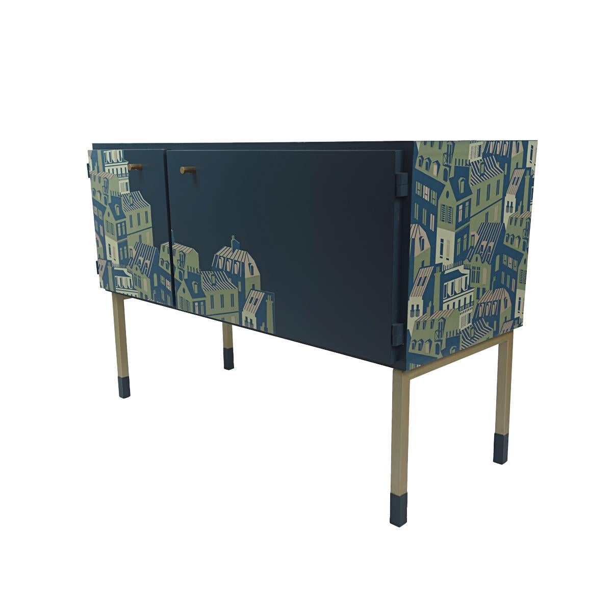 Mid-Century Modern Pair of Night Stands in Night Blue with Cityscape Decoration For Sale 8