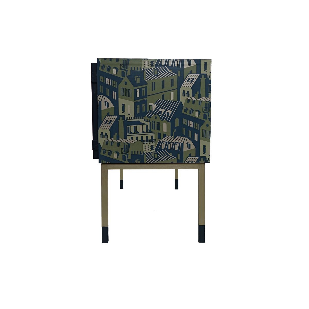 Mid-Century Modern Pair of Night Stands in Night Blue with Cityscape Decoration For Sale 9