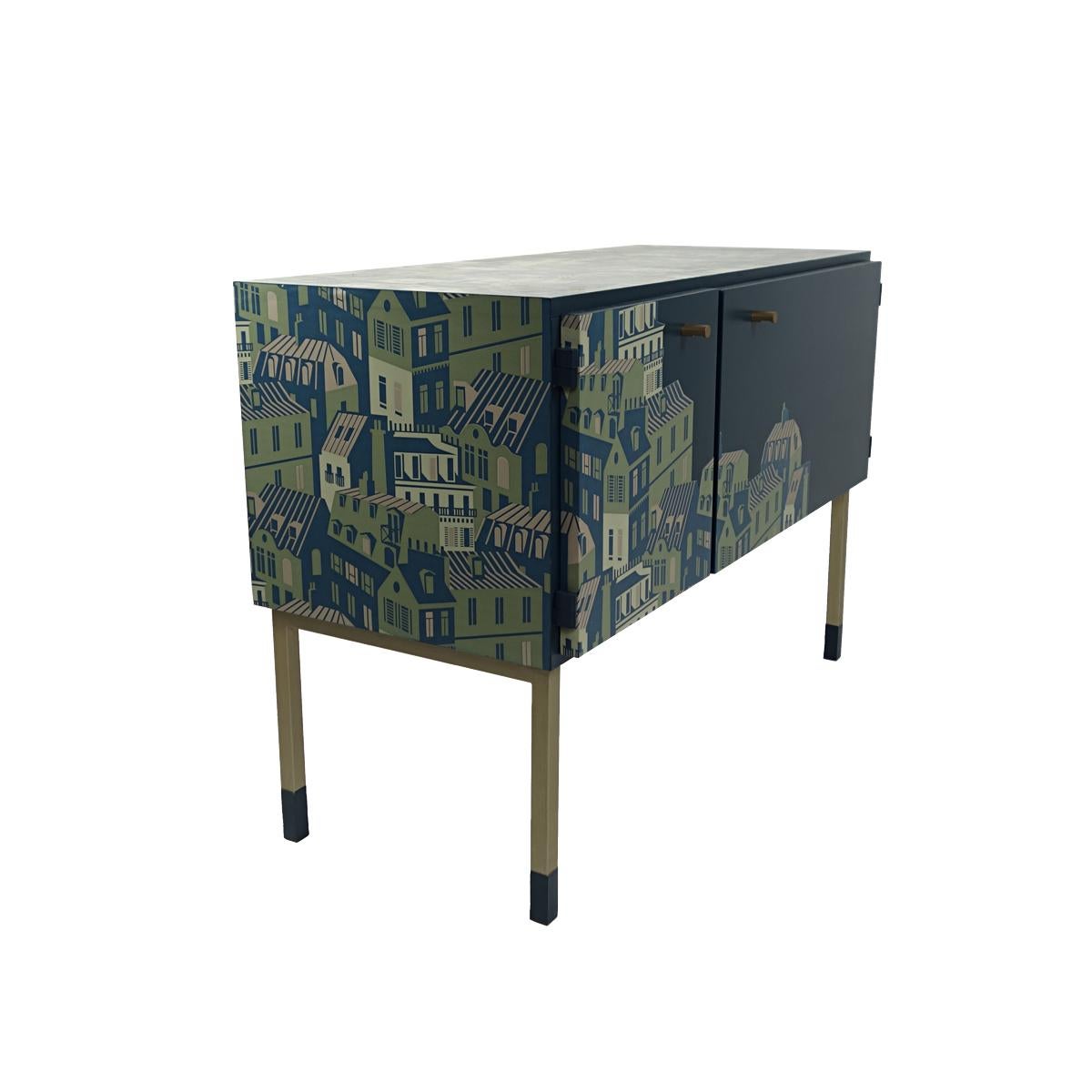 Mid-Century Modern Pair of Night Stands in Night Blue with Cityscape Decoration For Sale 10