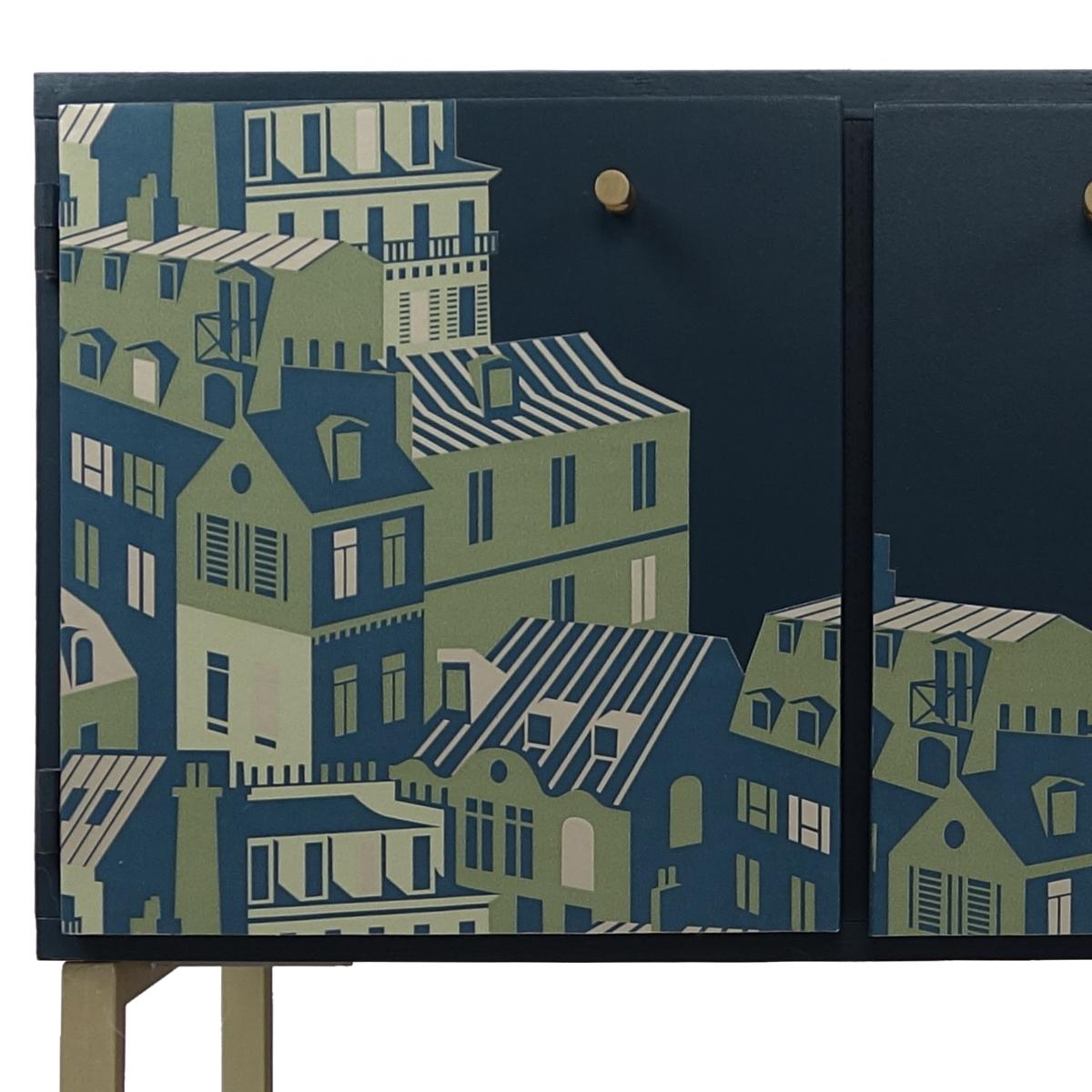 Mid-Century Modern Pair of Night Stands in Night Blue with Cityscape Decoration For Sale 12