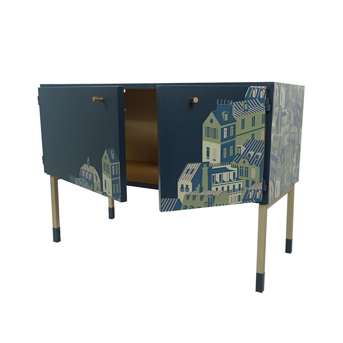 Mid-Century Modern Pair of Night Stands in Night Blue with Cityscape Decoration In Good Condition For Sale In Doornspijk, NL