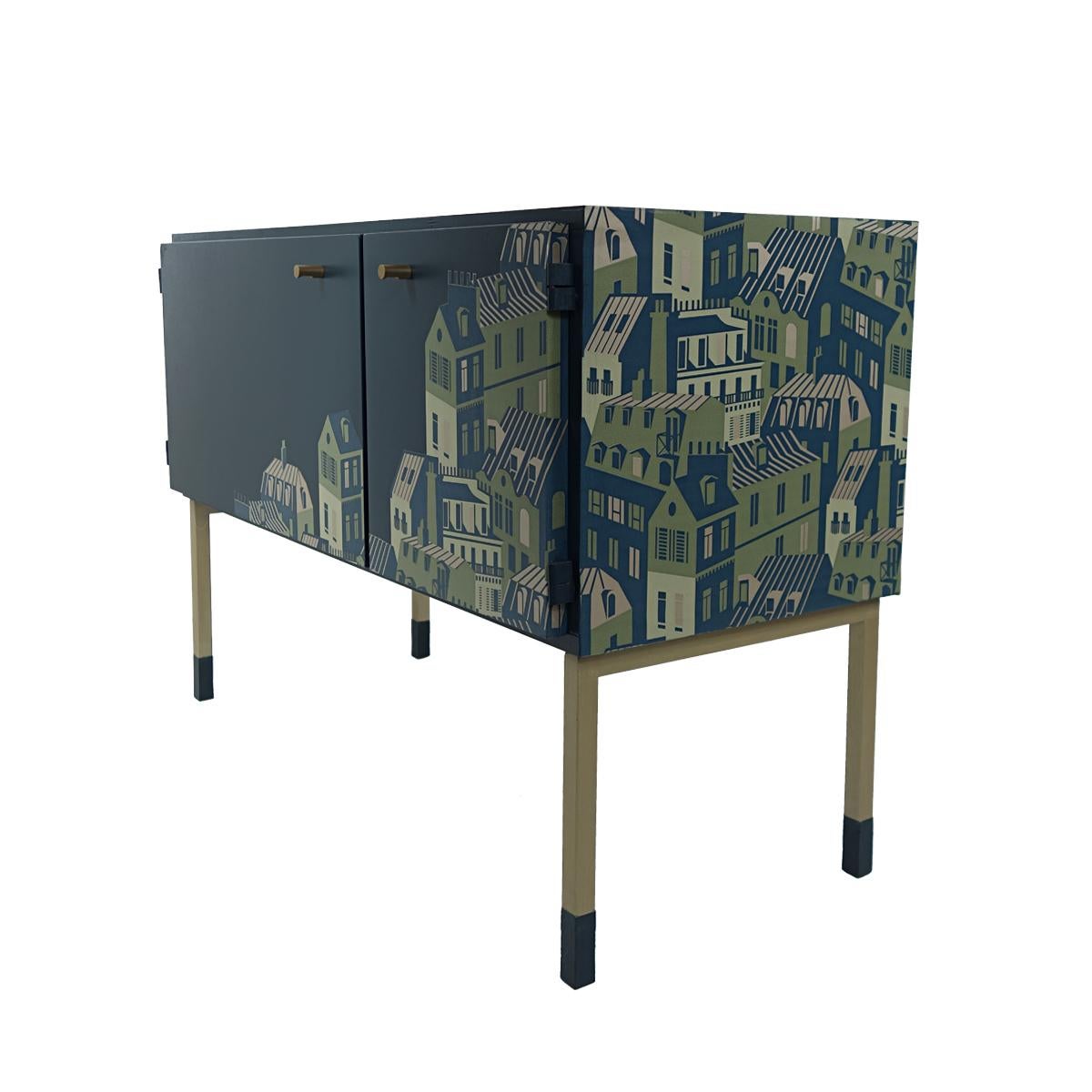 Mid-20th Century Mid-Century Modern Pair of Night Stands in Night Blue with Cityscape Decoration For Sale