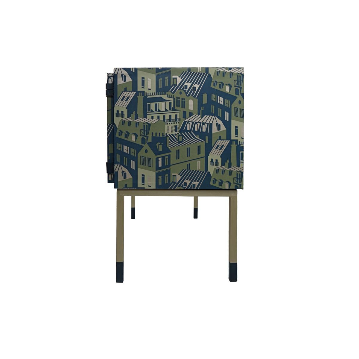 Steel Mid-Century Modern Pair of Night Stands in Night Blue with Cityscape Decoration For Sale