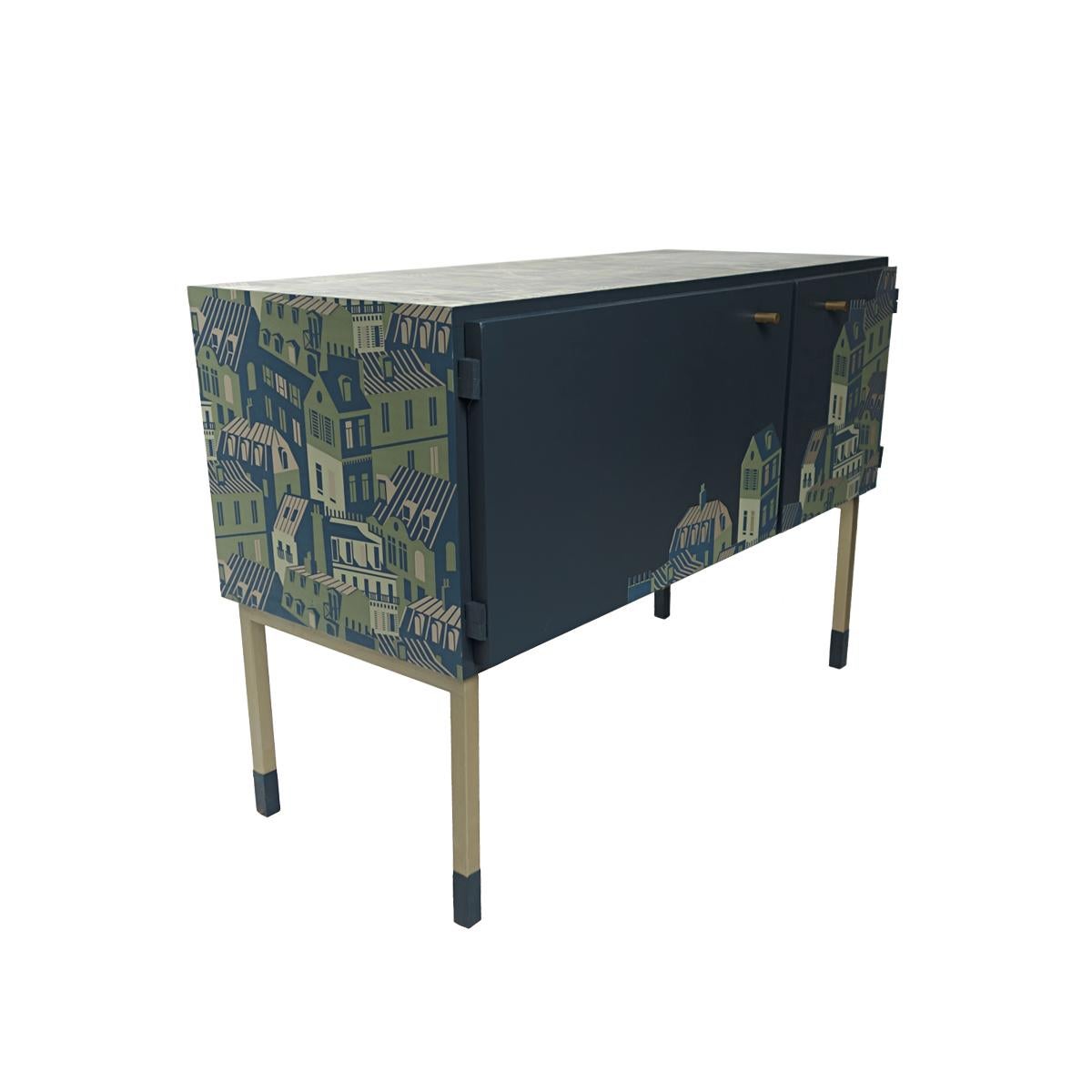 Mid-Century Modern Pair of Night Stands in Night Blue with Cityscape Decoration For Sale 1