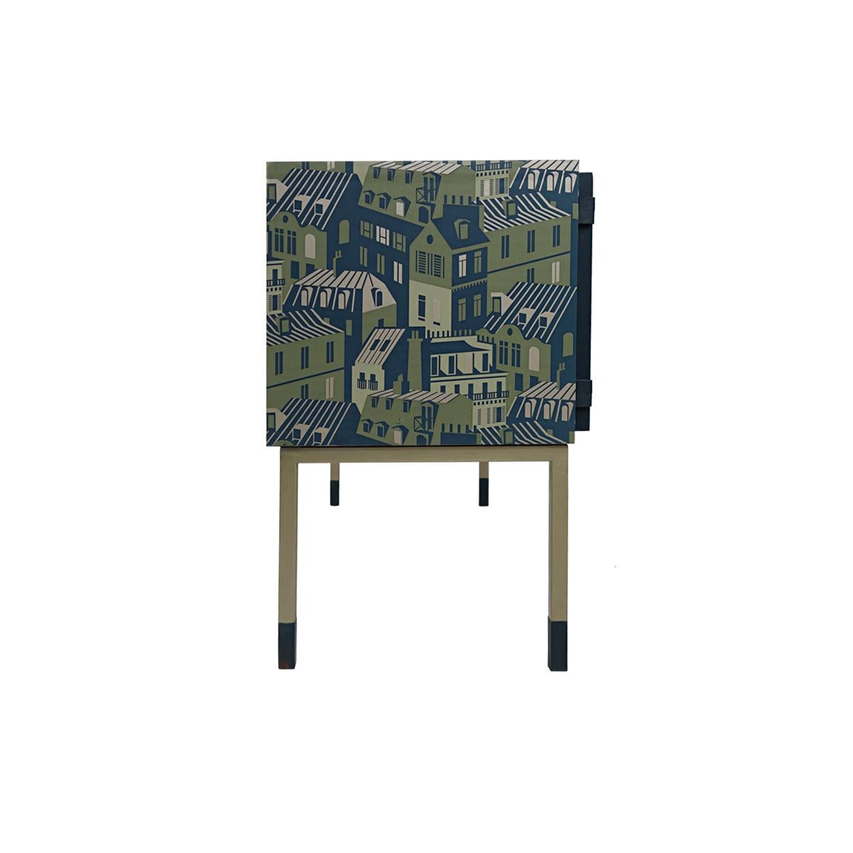 Mid-Century Modern Pair of Night Stands in Night Blue with Cityscape Decoration For Sale 2