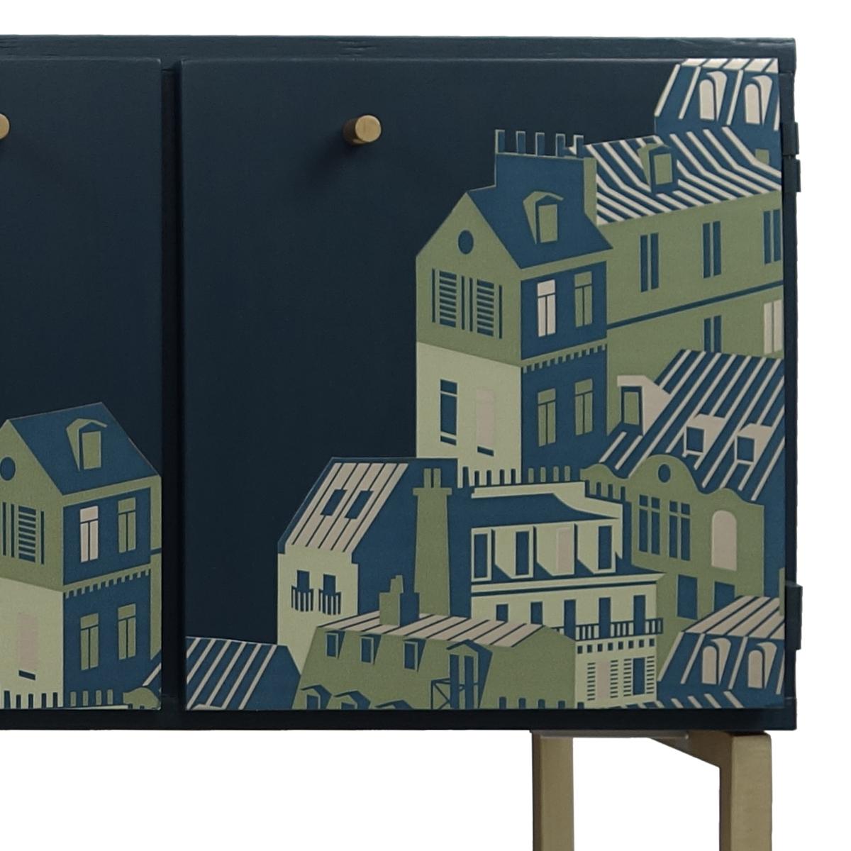 Mid-Century Modern Pair of Night Stands in Night Blue with Cityscape Decoration For Sale 3