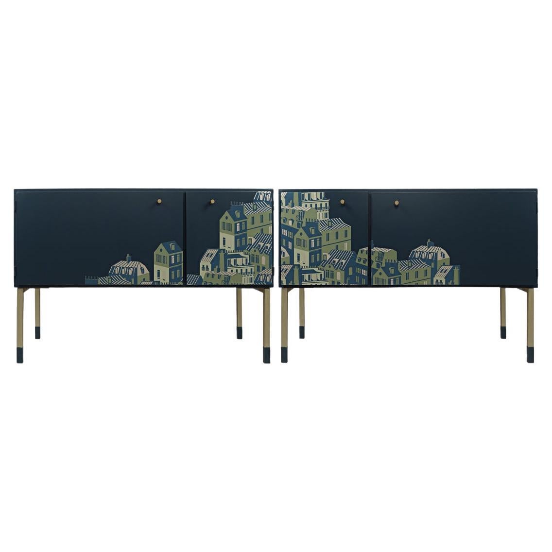 Mid-Century Modern Pair of Night Stands in Night Blue with Cityscape Decoration For Sale