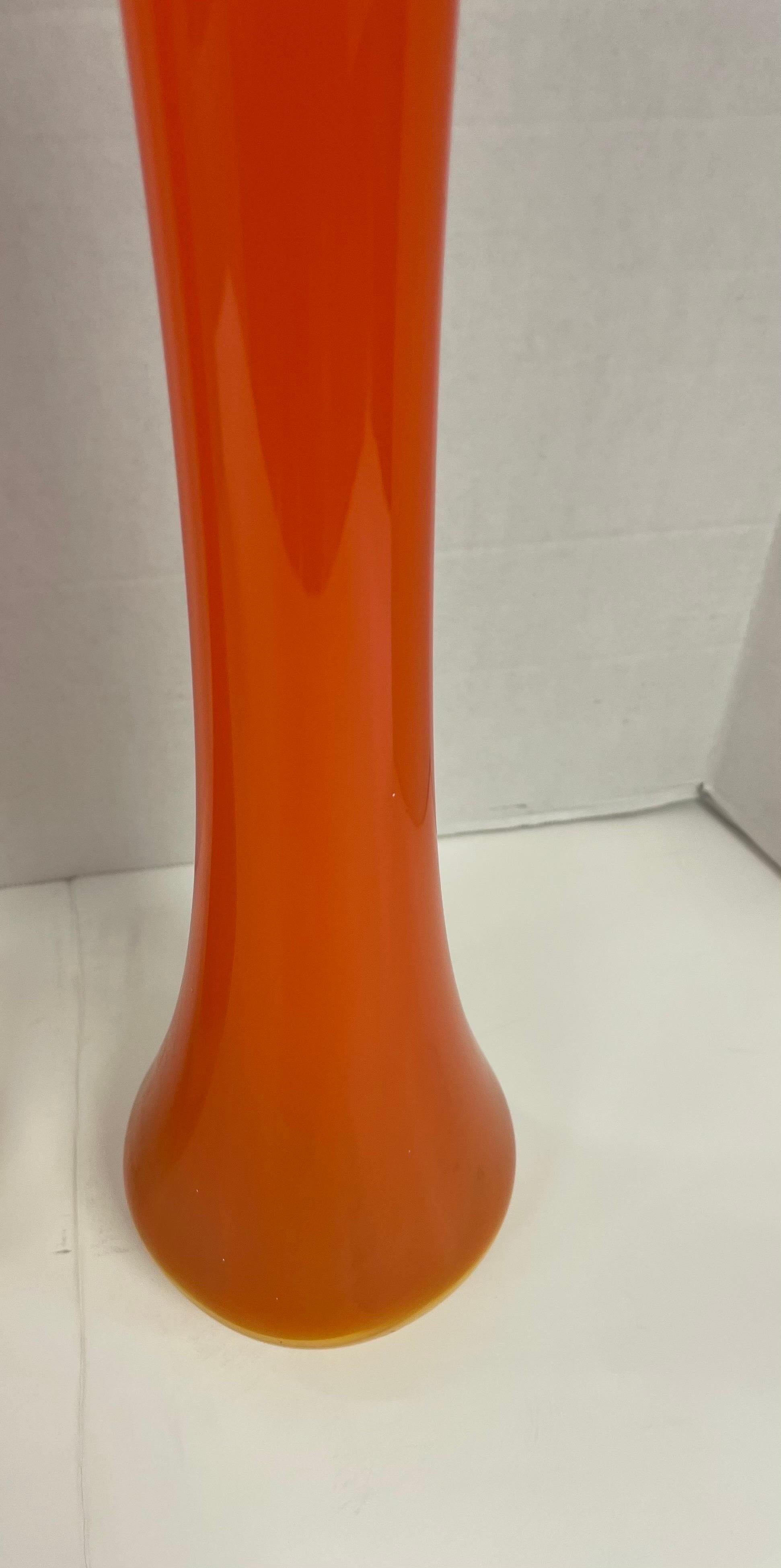 Mid Century Modern Pair of Orange Swung Art Slag Glass Vases Vessels 1
