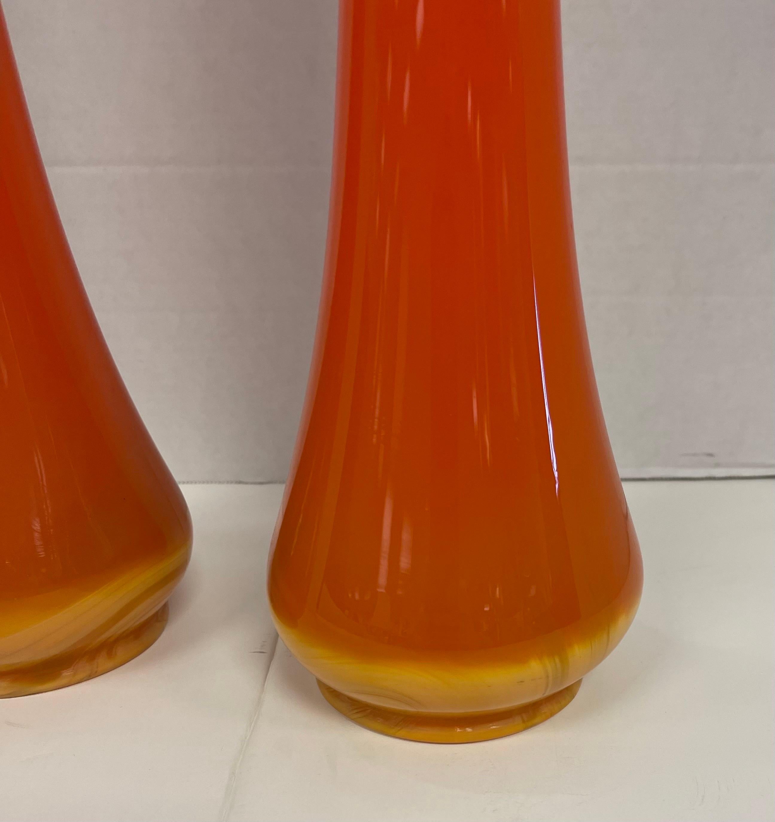 Mid-Century Modern Mid Century Modern Pair of Orange Swung Art Slag Glass Vases Vessels