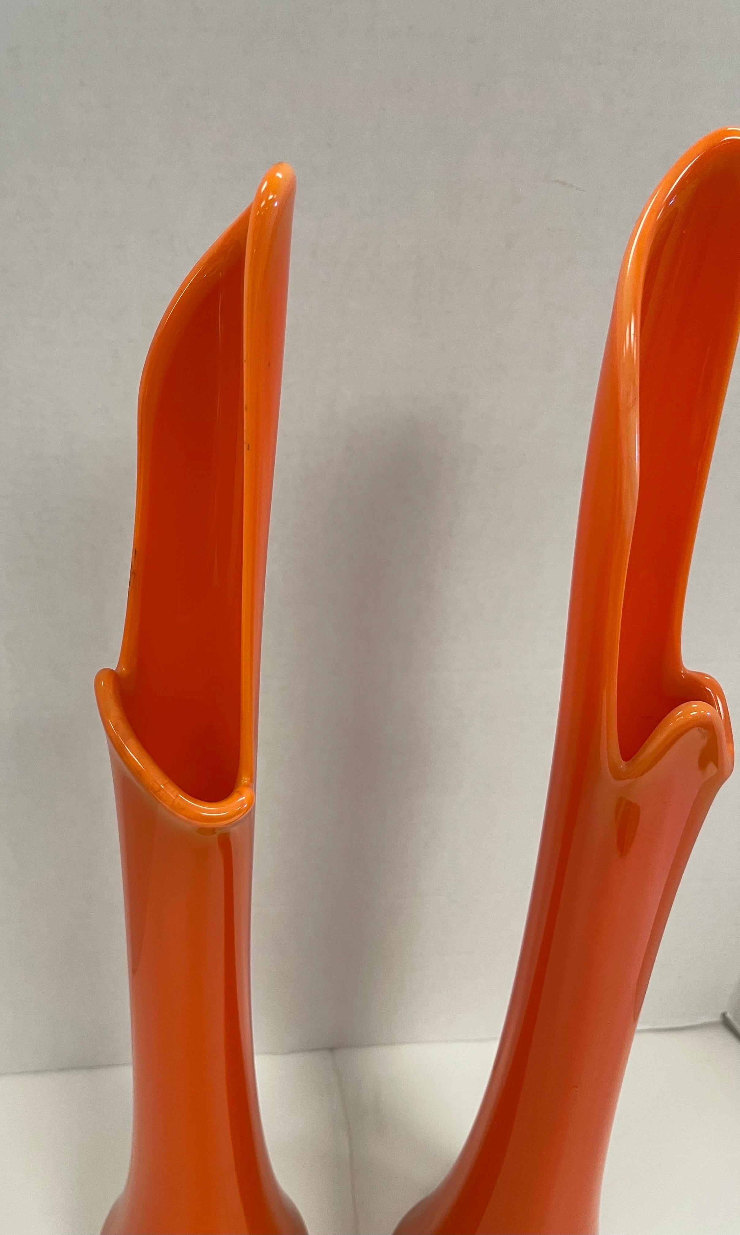 Mid Century Modern Pair of Orange Swung Art Slag Glass Vases Vessels In Good Condition In West Hartford, CT