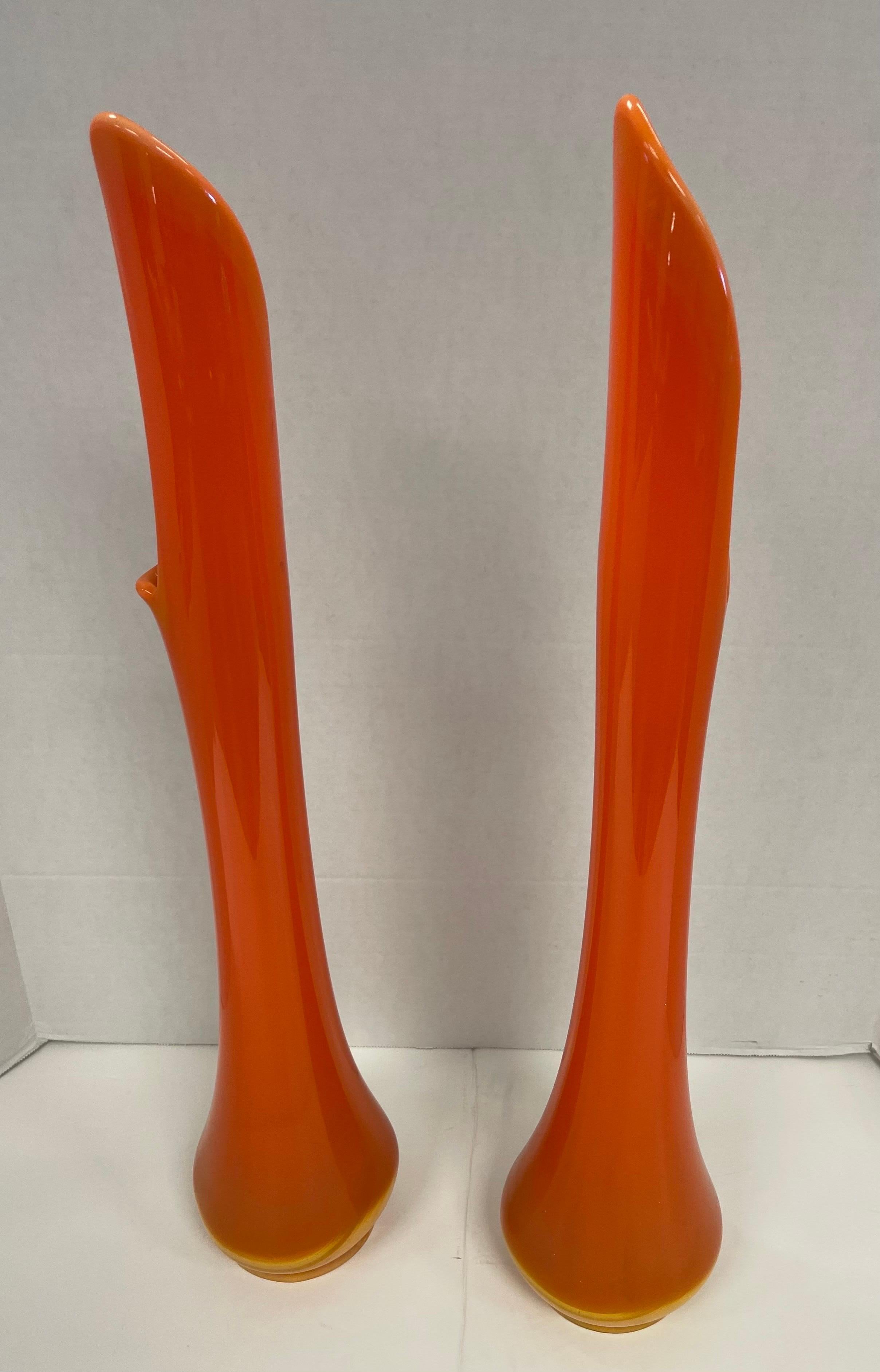 Late 20th Century Mid Century Modern Pair of Orange Swung Art Slag Glass Vases Vessels