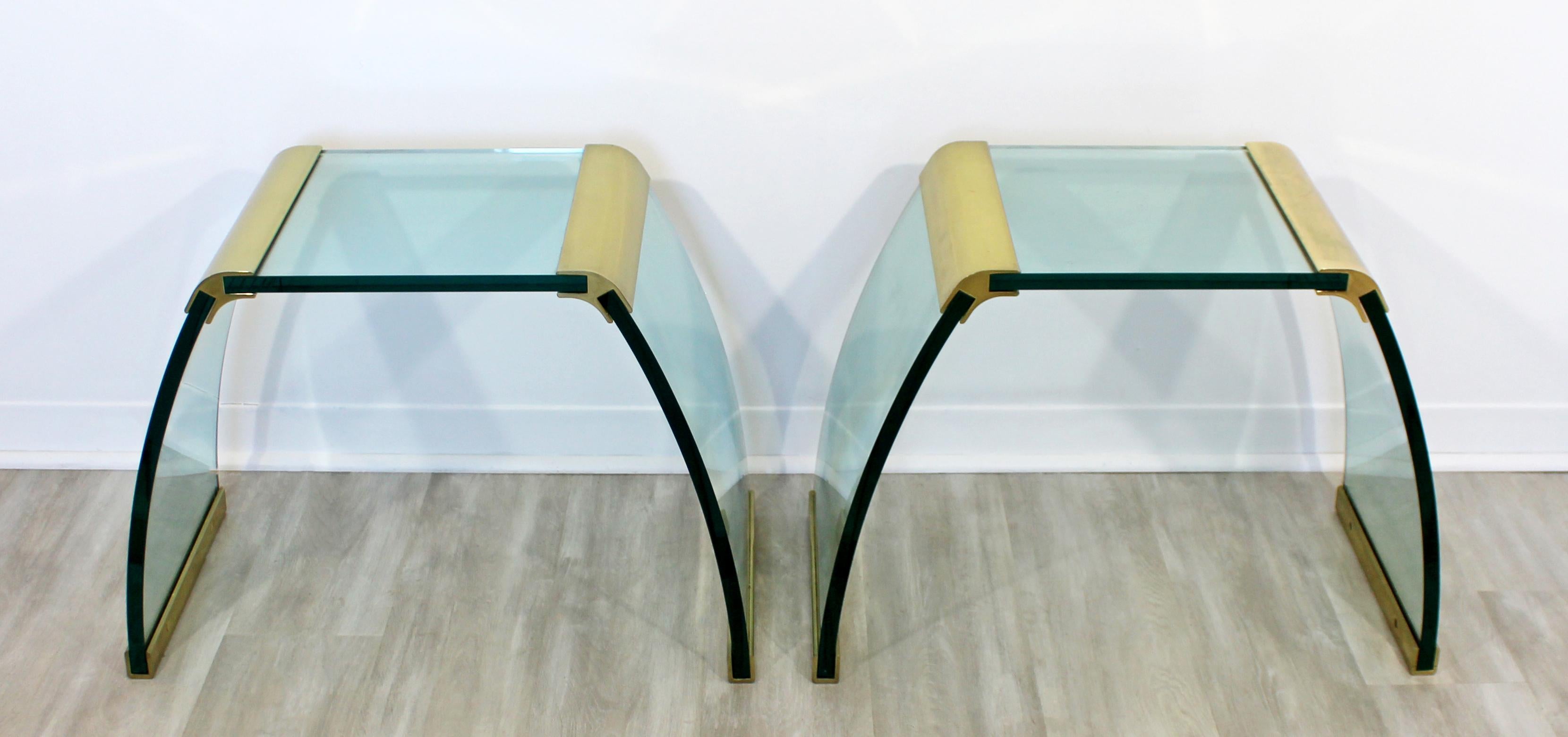 American Mid-Century Modern Pair of Pace Waterfall Side End Tables Brass and Glass, 1970s