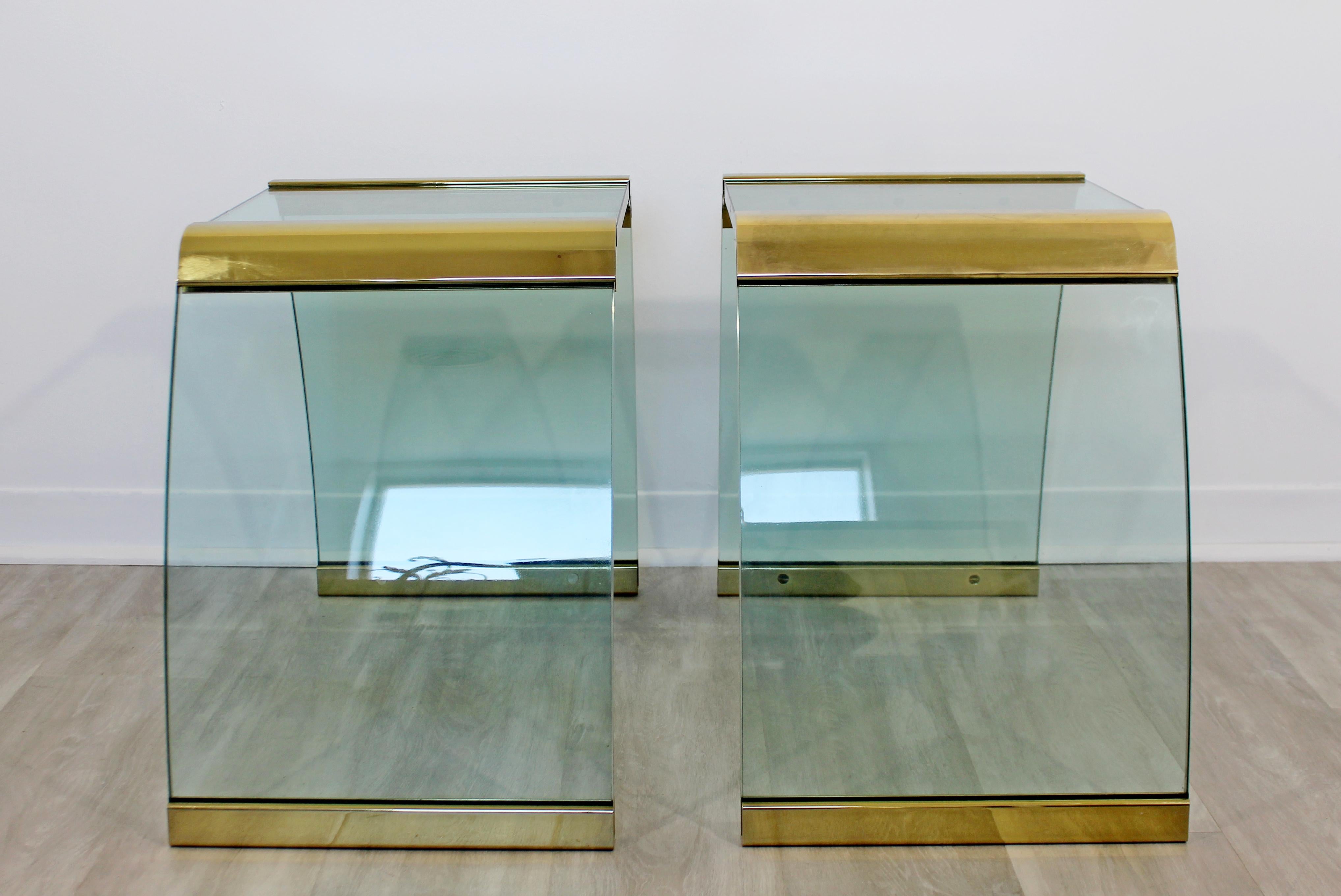 Mid-Century Modern Pair of Pace Waterfall Side End Tables Brass and Glass, 1970s 2