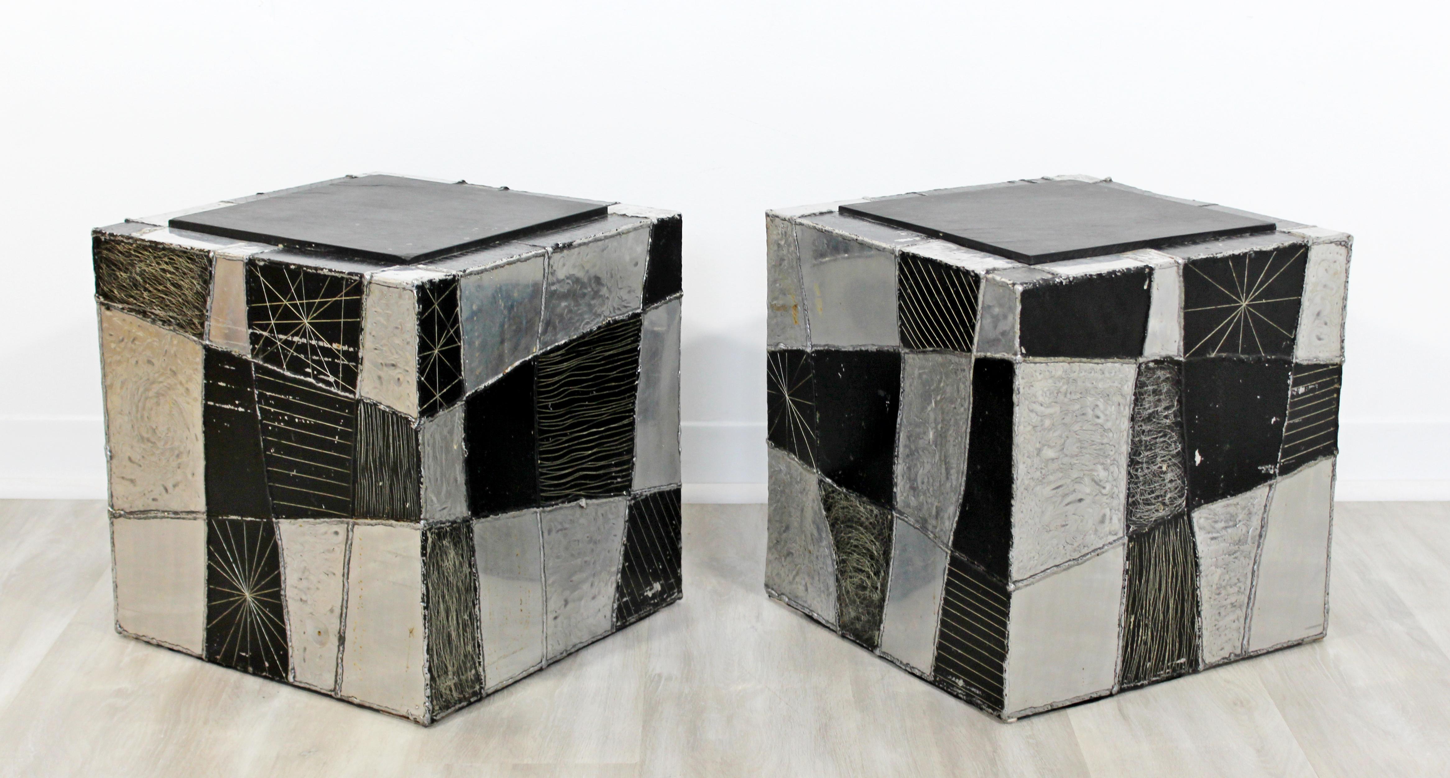 American Mid-Century Modern Pair of Paul Evans Argente Cube Chrome Slate Side End Tables