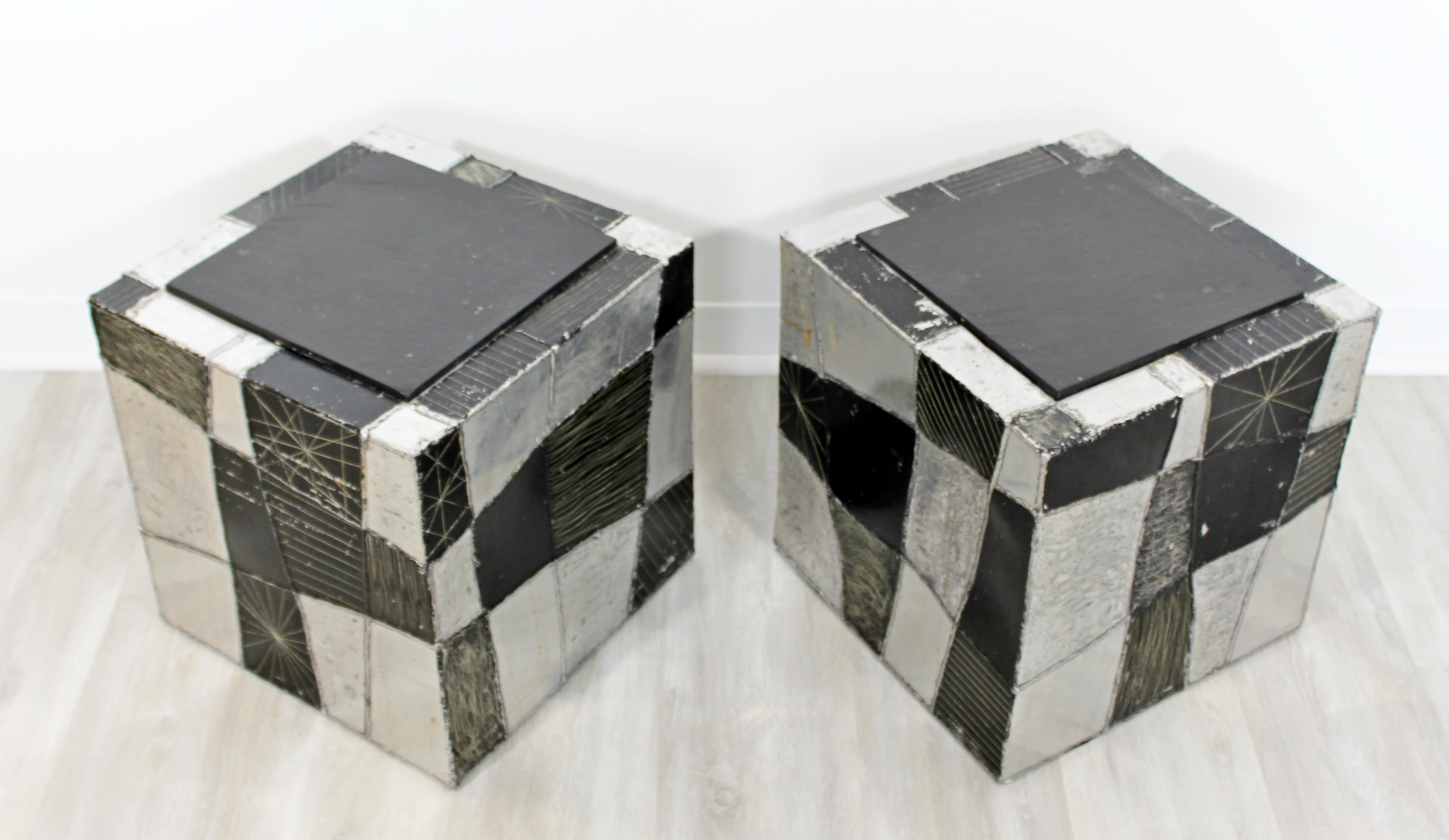 Mid-Century Modern Pair of Paul Evans Argente Cube Chrome Slate Side End Tables In Good Condition In Keego Harbor, MI
