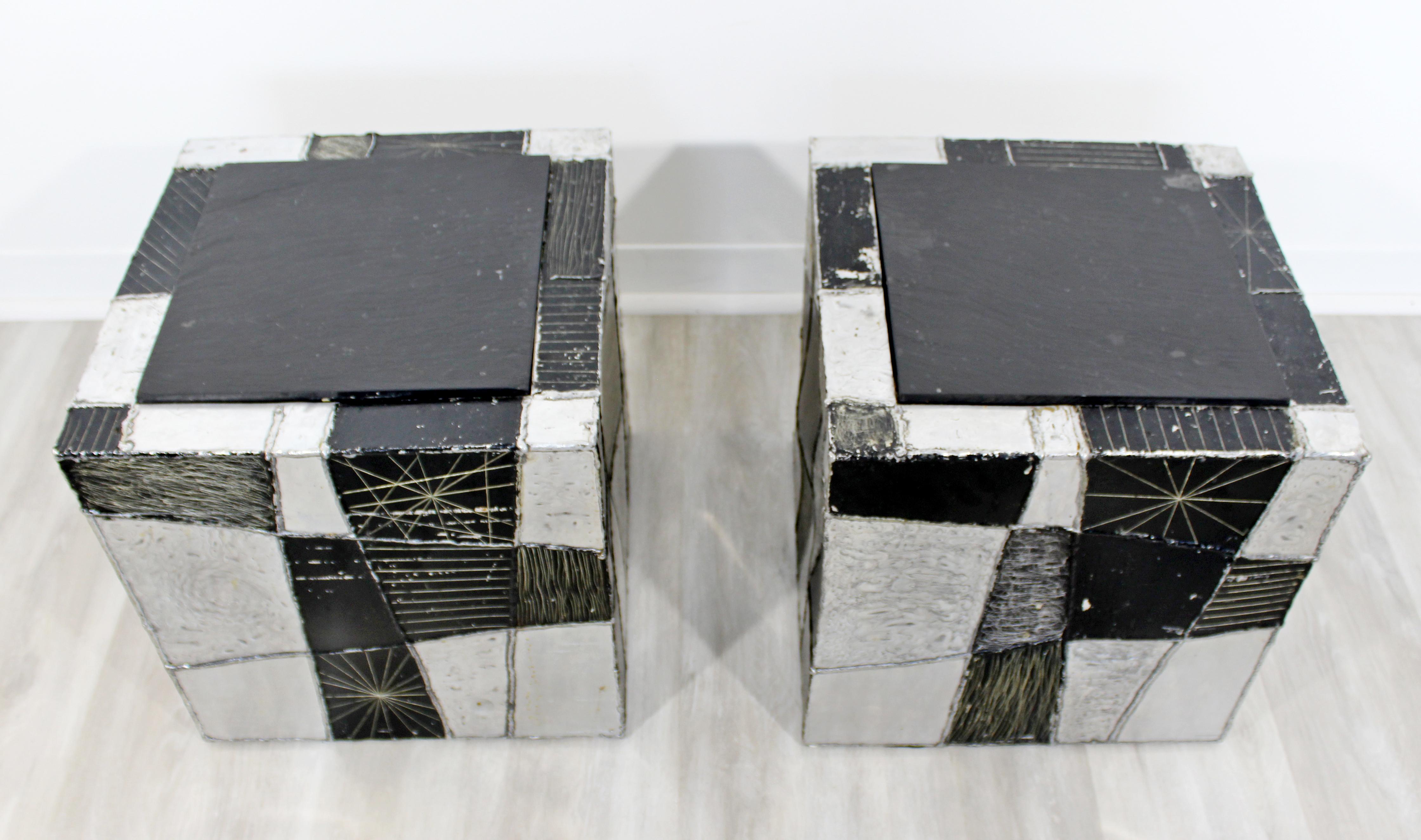Late 20th Century Mid-Century Modern Pair of Paul Evans Argente Cube Chrome Slate Side End Tables