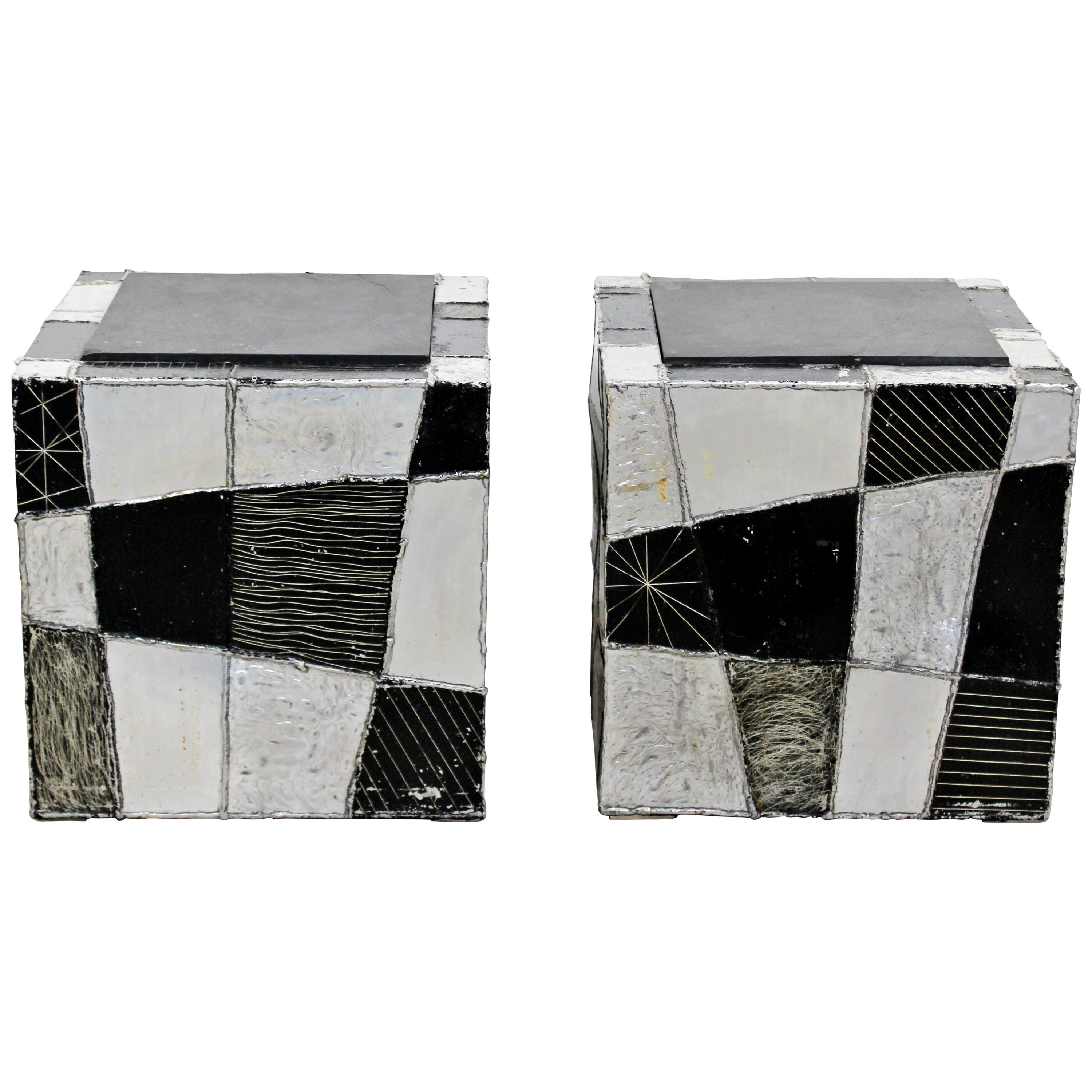 Mid-Century Modern Pair of Paul Evans Argente Cube Chrome Slate Side End Tables