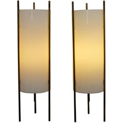 Mid-Century Modern Pair of Paul Mayen Frosted Glass Tube Lamps Brass 1960s