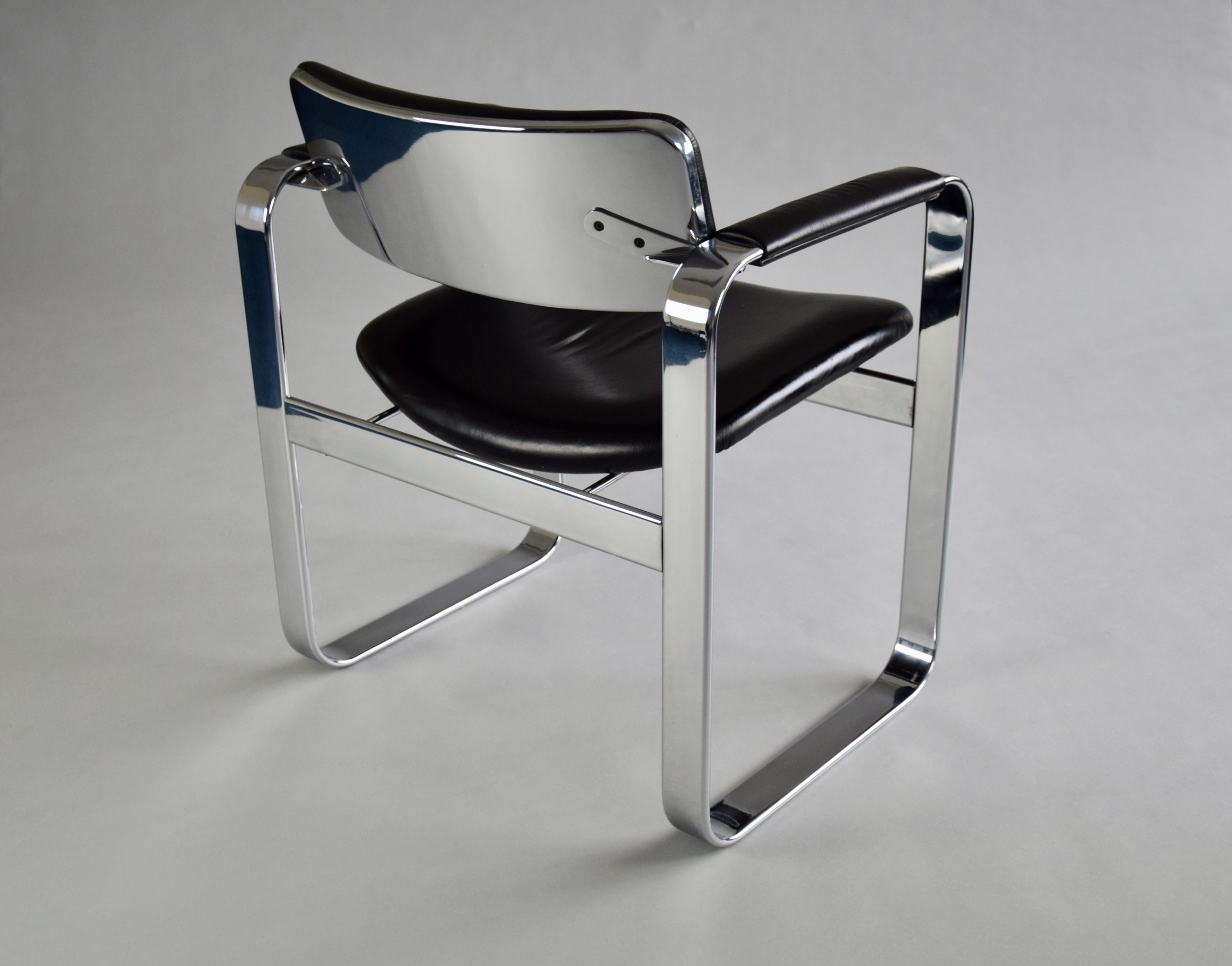Mid-Century Modern Polished Aluminium and Black Leather Executive Armchairs 7