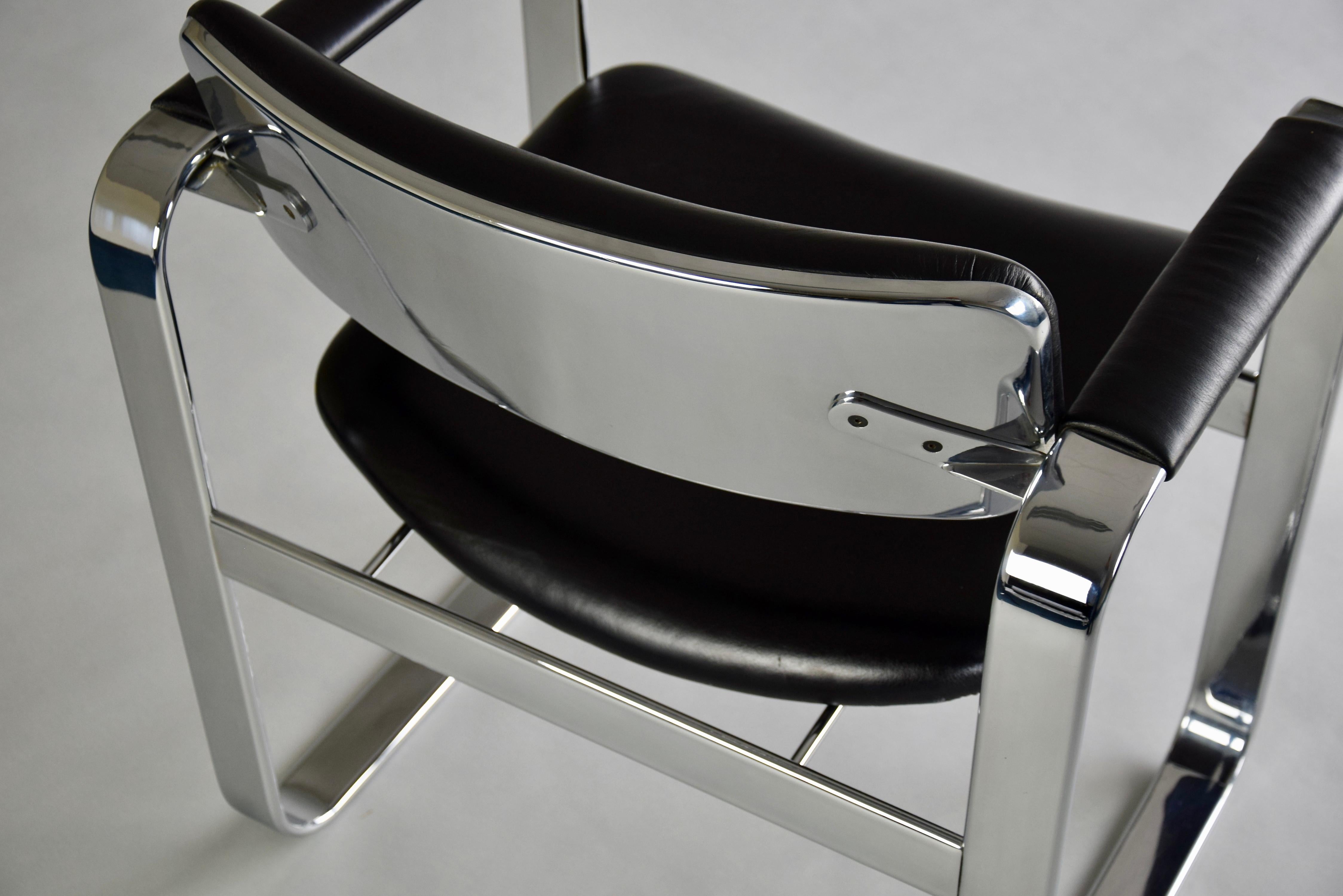 Finnish Mid-Century Modern Polished Aluminium and Black Leather Executive Armchairs