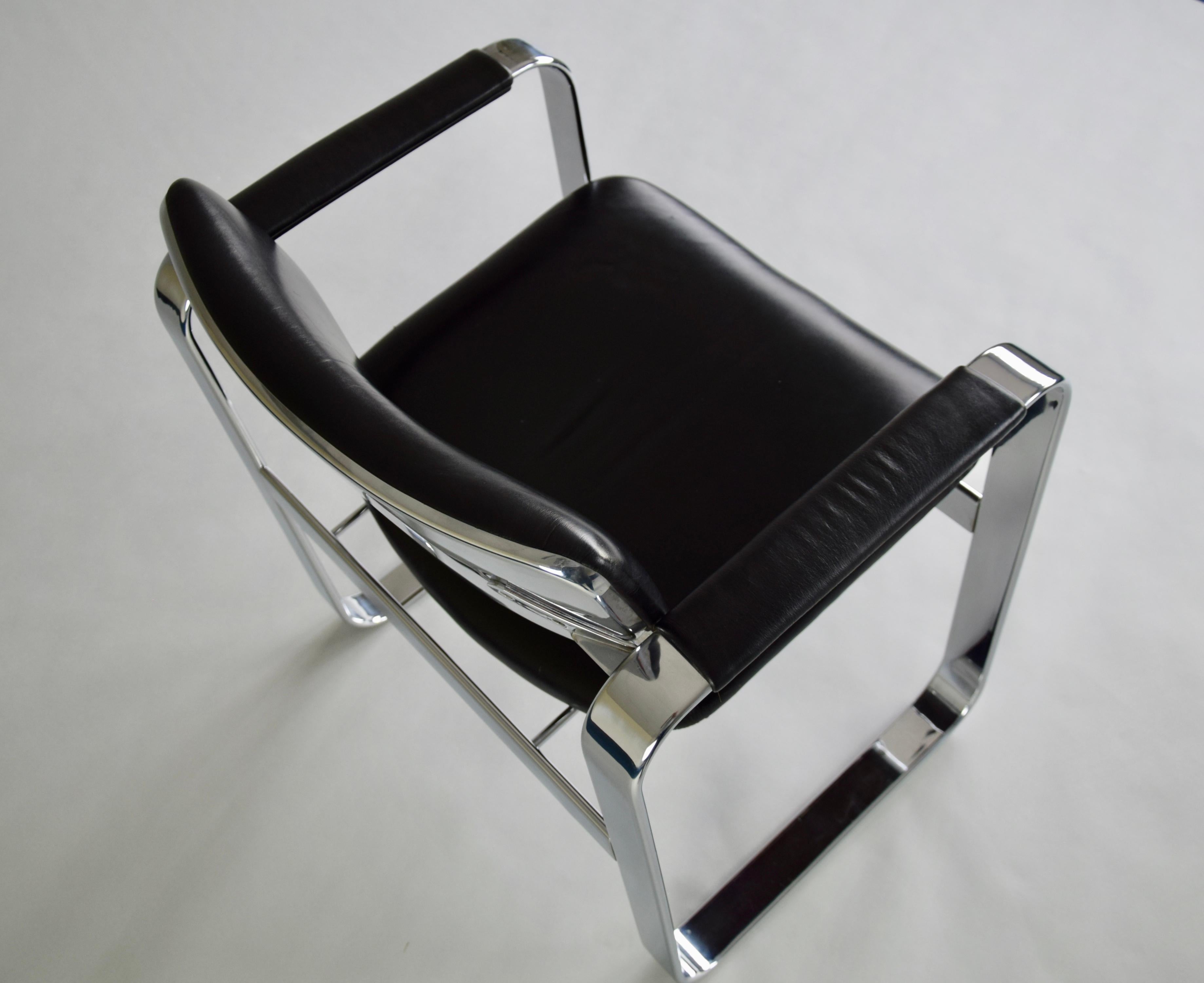 Mid-Century Modern Polished Aluminium and Black Leather Executive Armchairs 1