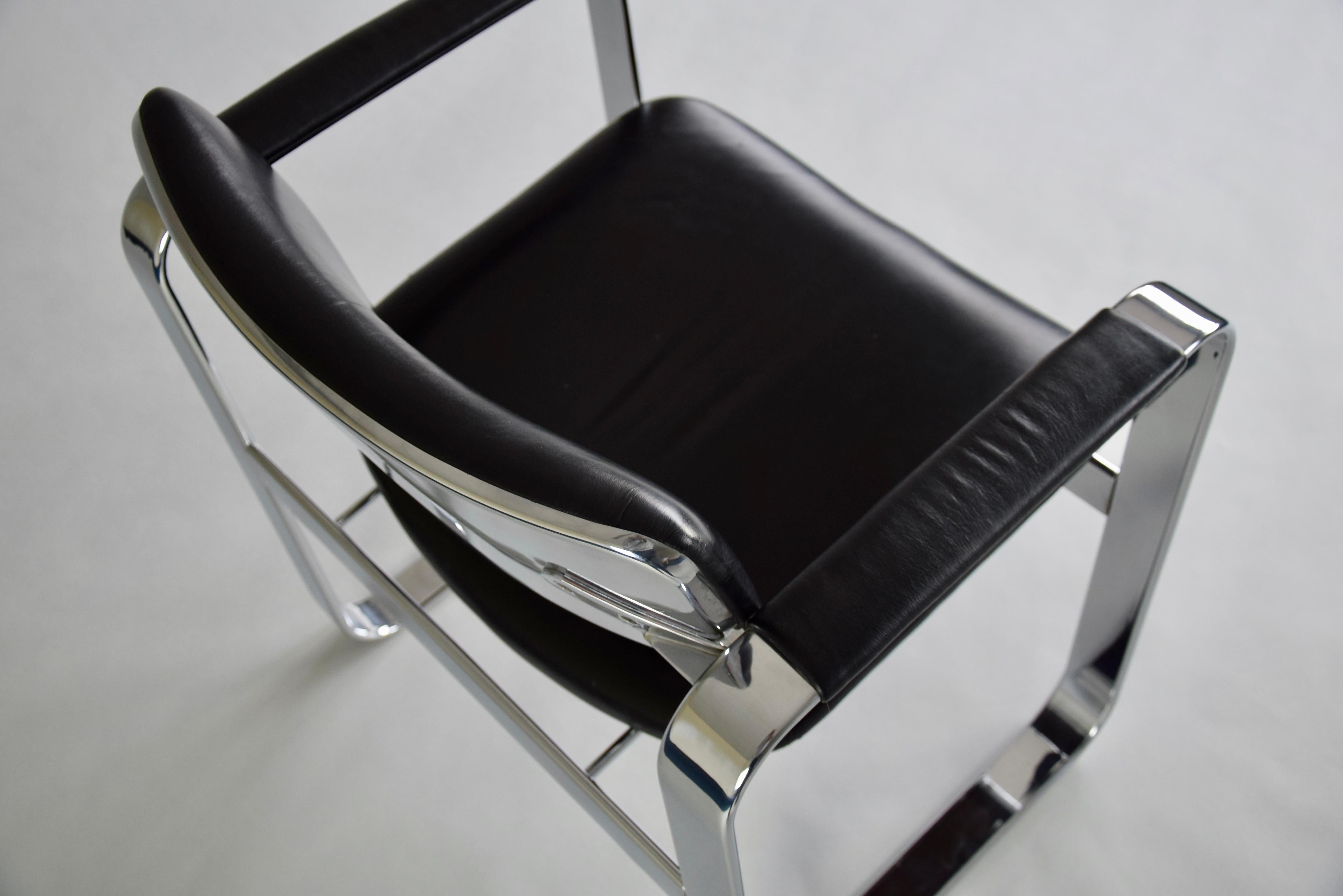 Mid-Century Modern Polished Aluminium and Black Leather Executive Armchairs 2