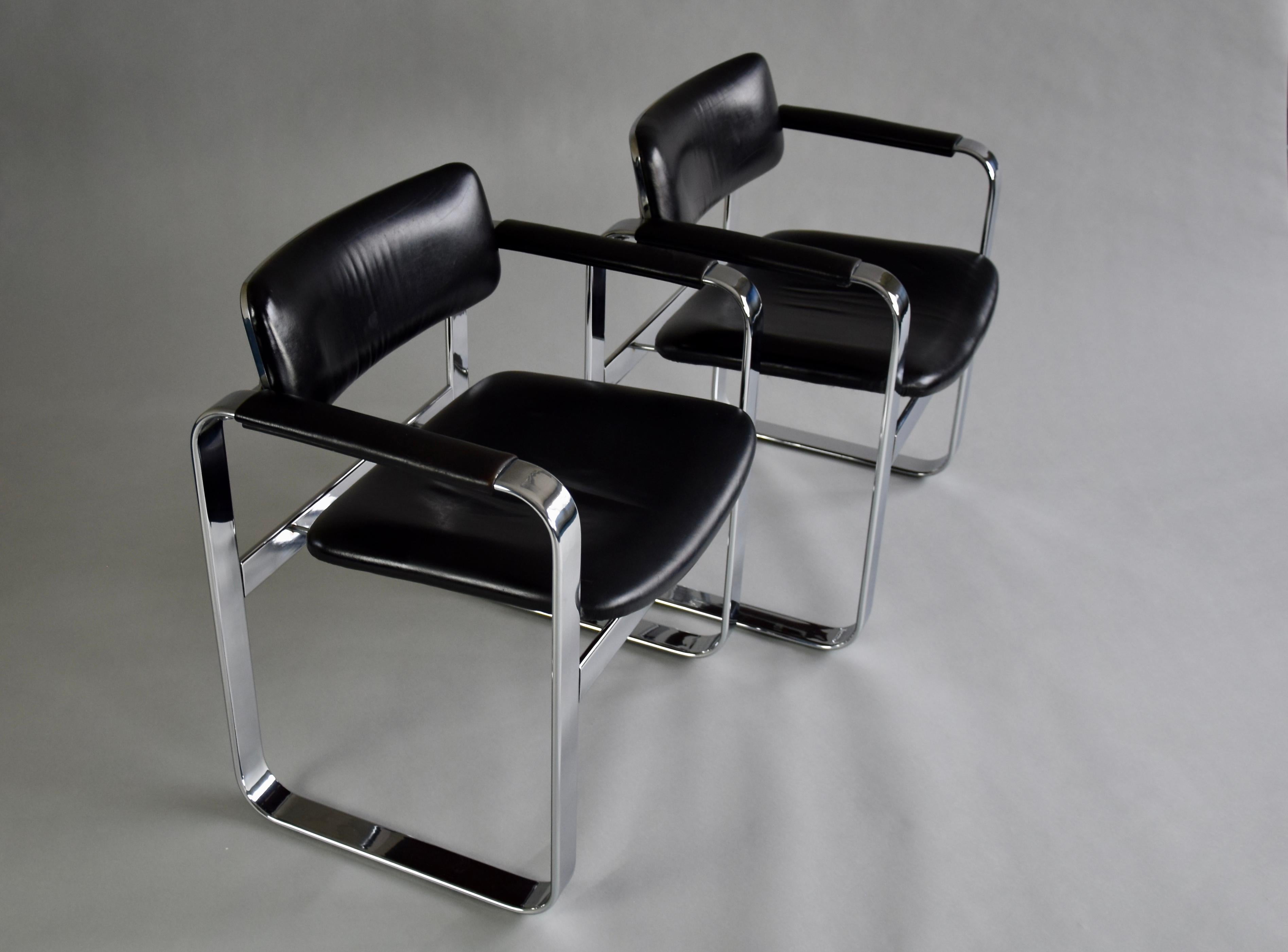 Mid-Century Modern Polished Aluminium and Black Leather Executive Armchairs 3