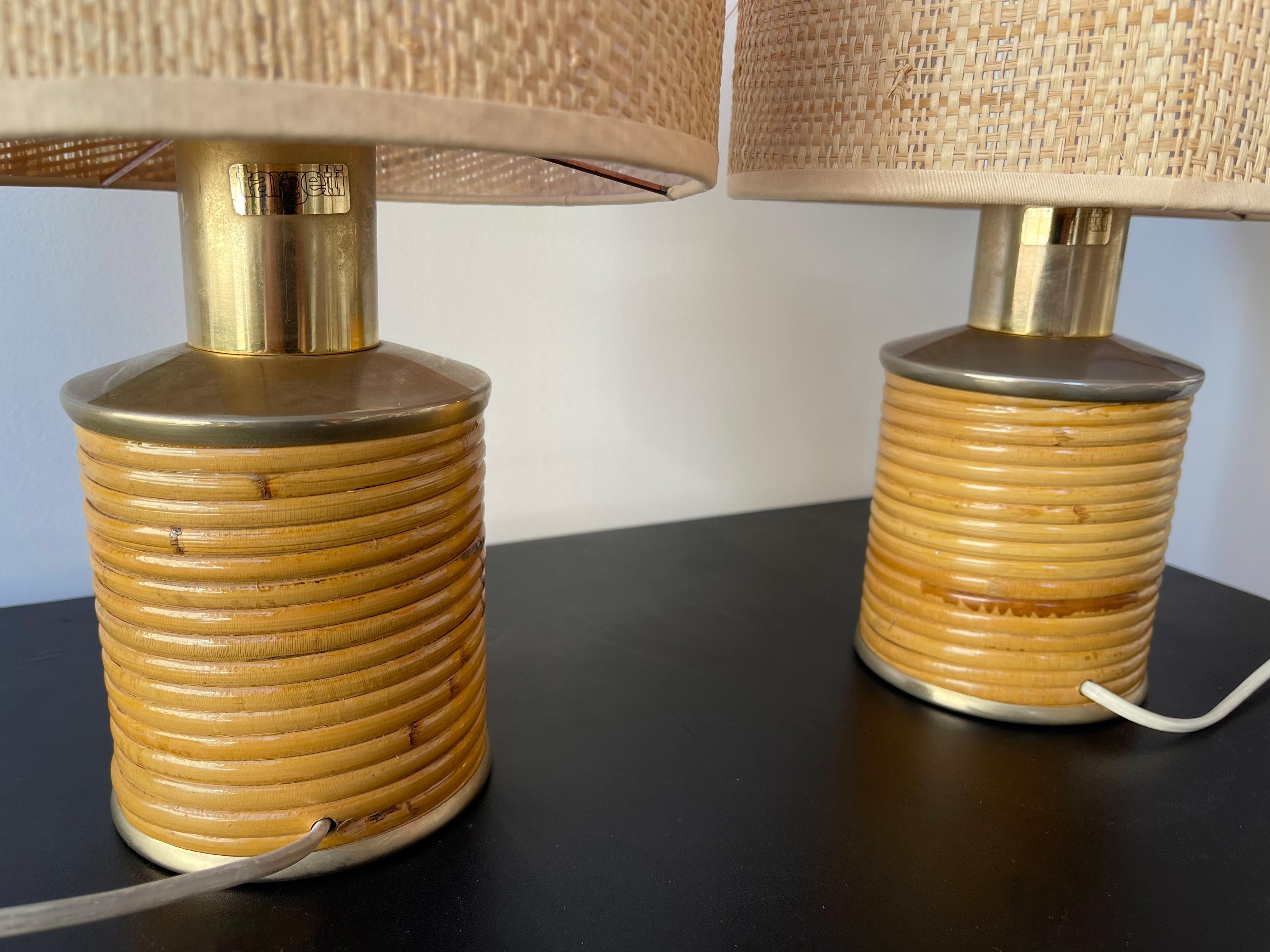 Mid-Century Modern Pair of Rattan and Brass Lamps by Targetti, Italy, 1970s 5