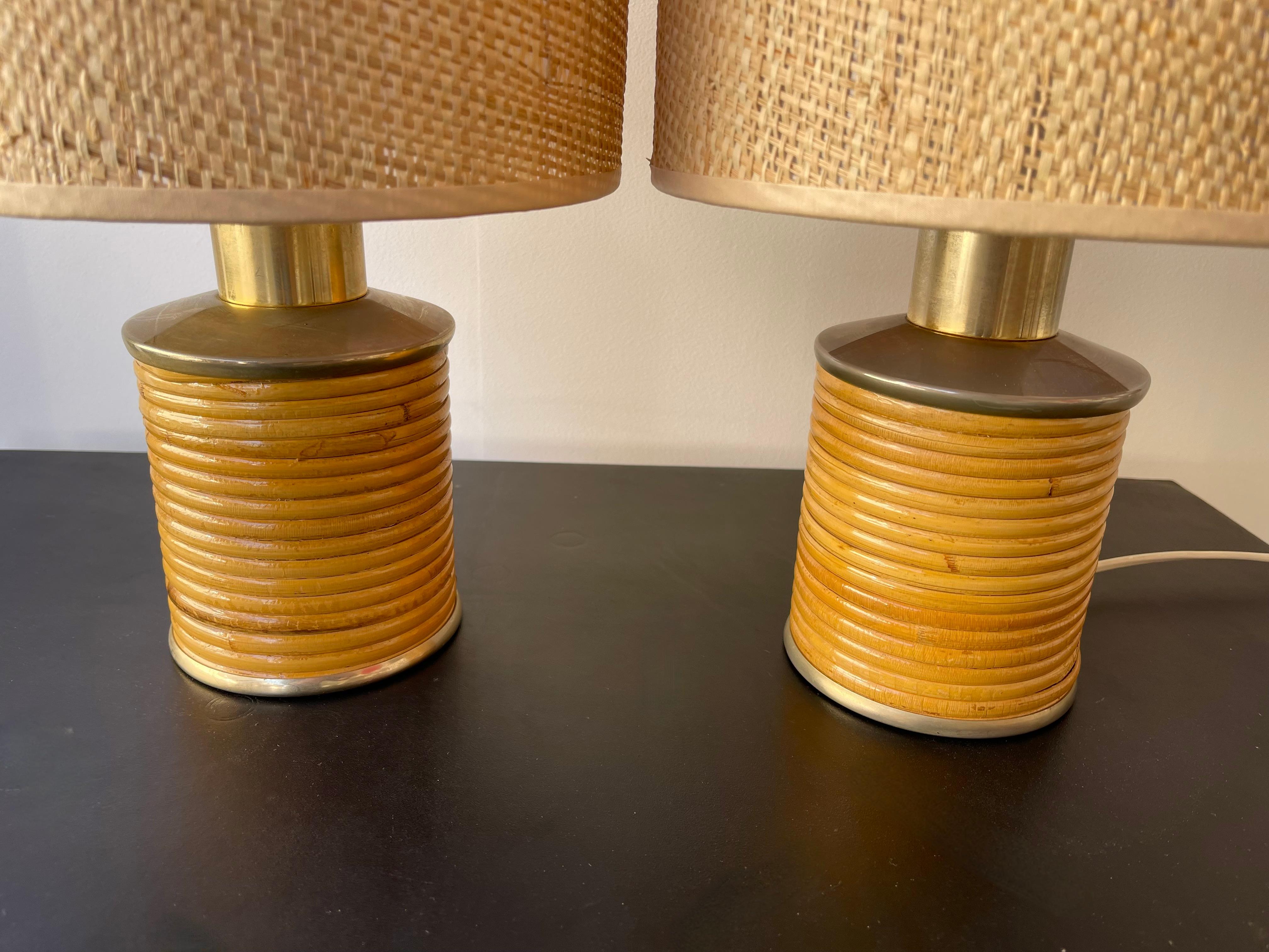 Mid-Century Modern Pair of Rattan and Brass Lamps by Targetti, Italy, 1970s 6