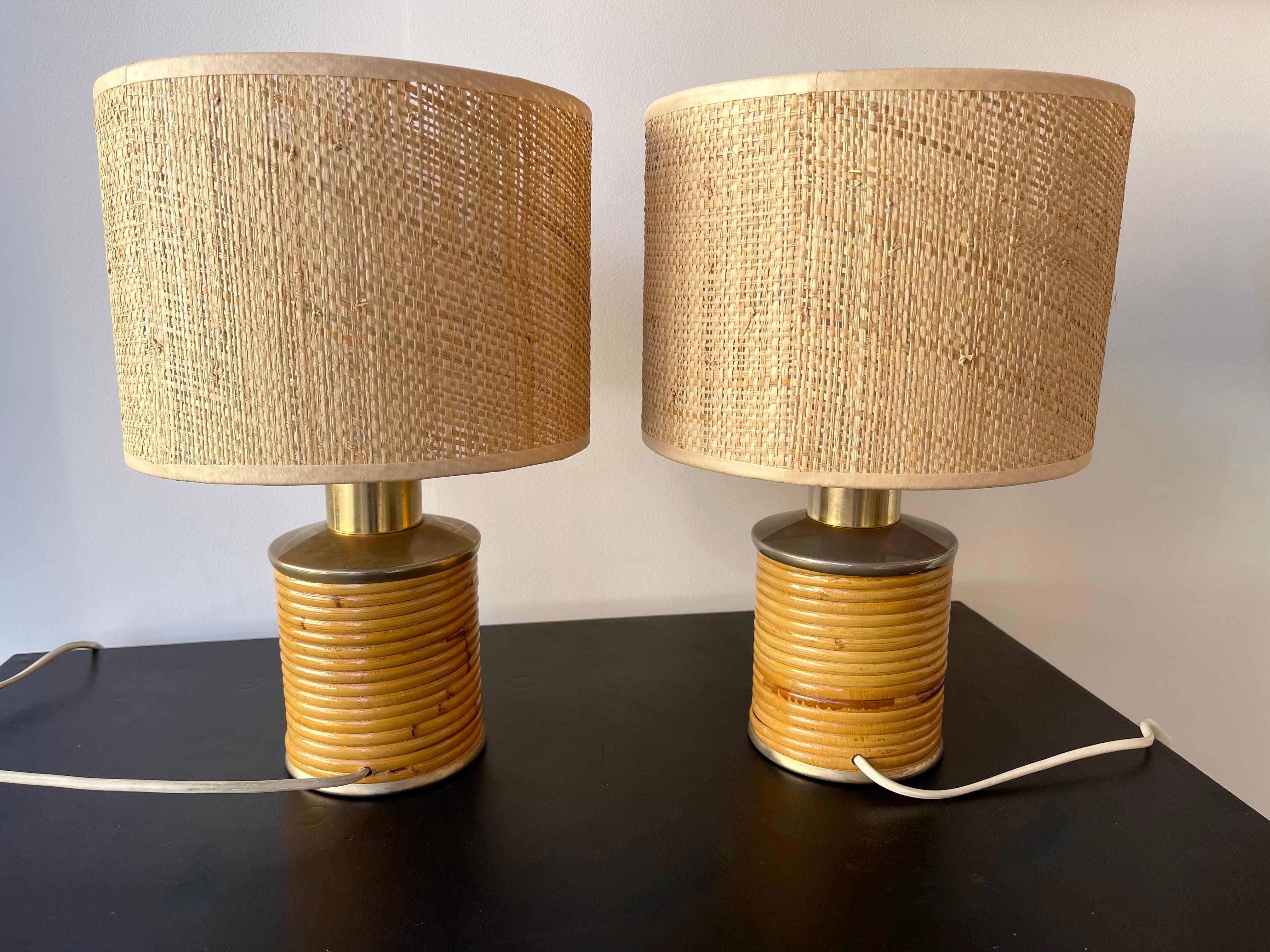 Mid-Century Modern Pair of Rattan and Brass Lamps by Targetti, Italy, 1970s 7