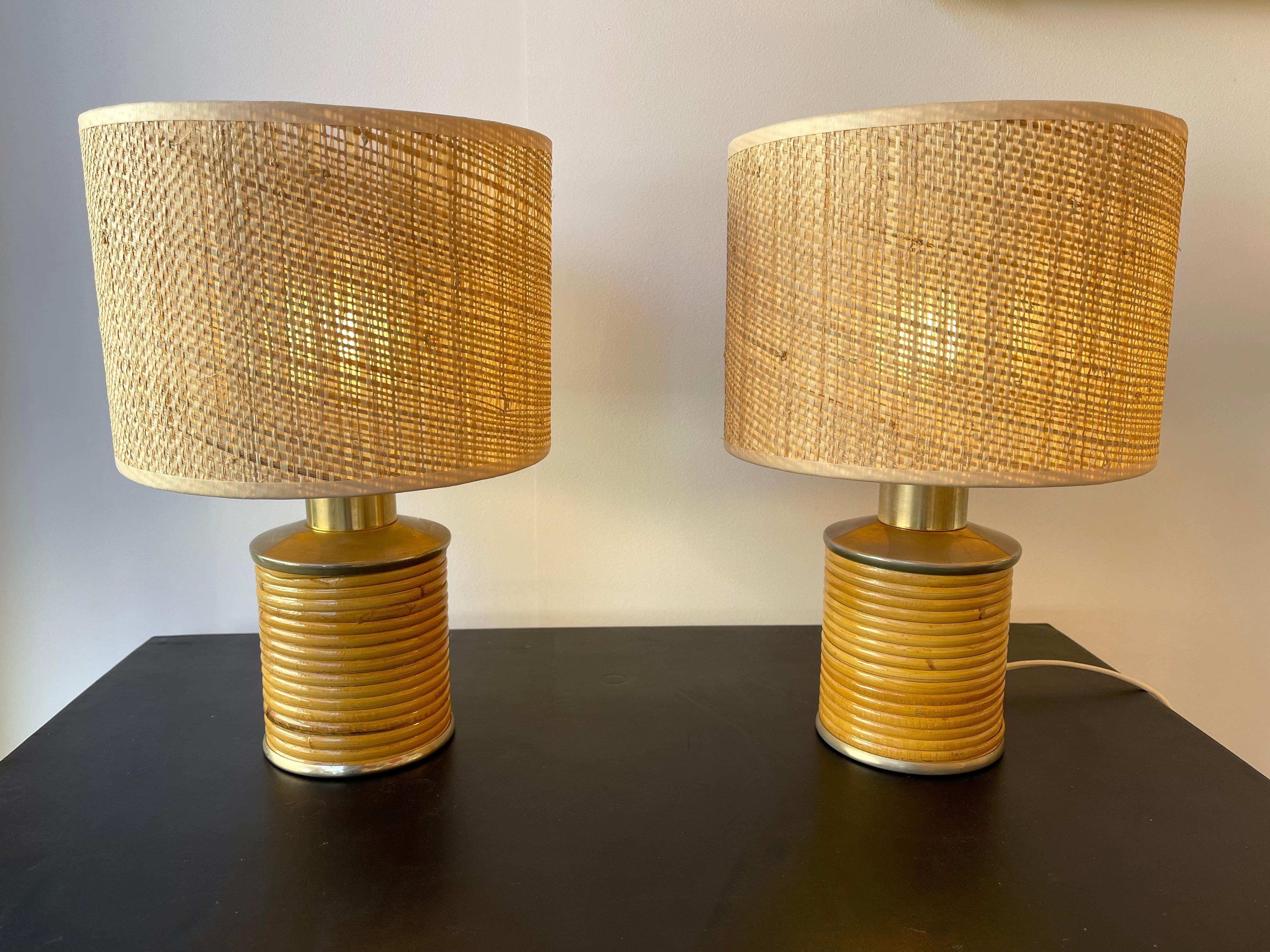 Italian Mid-Century Modern Pair of Rattan and Brass Lamps by Targetti, Italy, 1970s