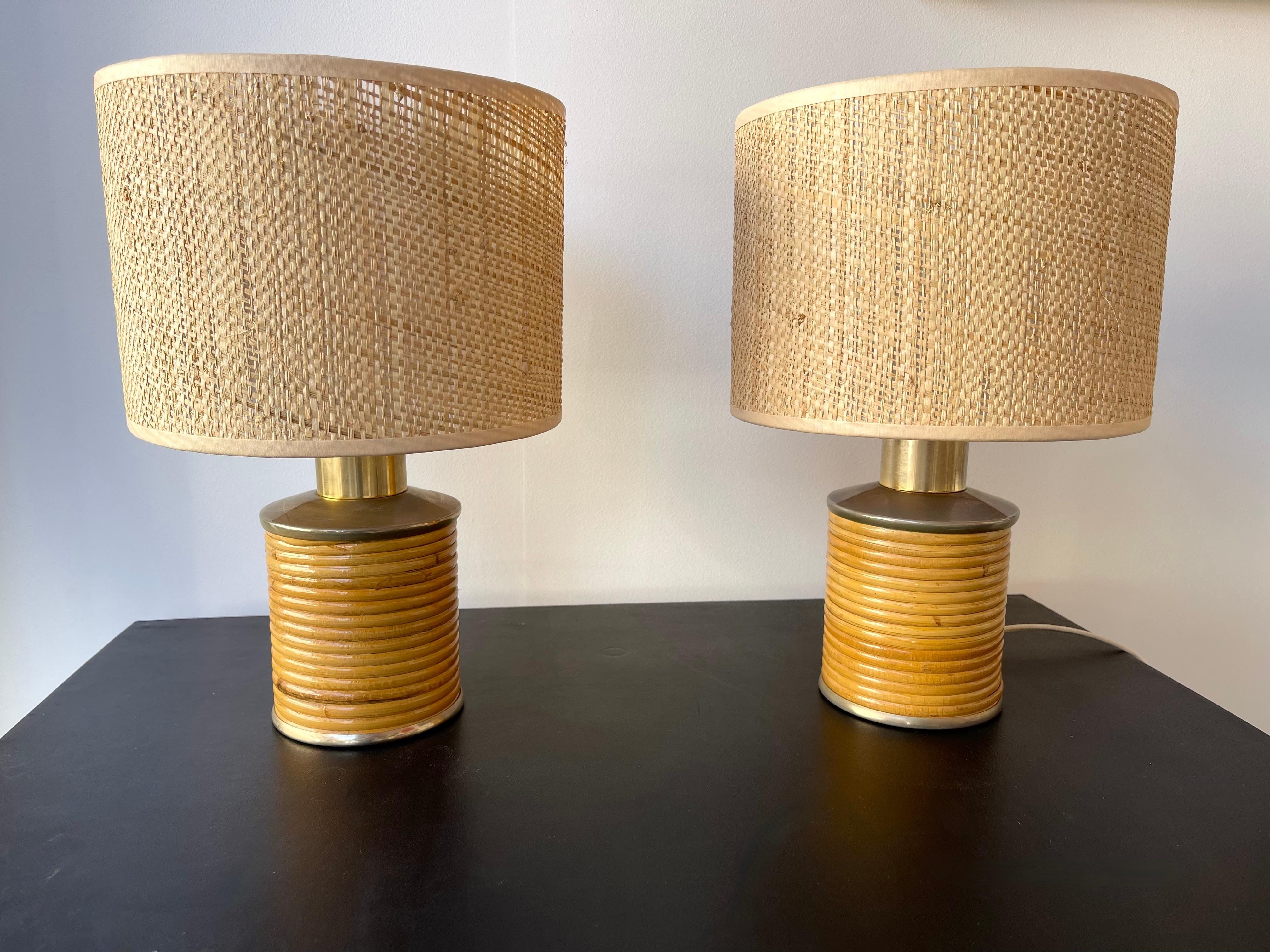 Mid-Century Modern Pair of Rattan and Brass Lamps by Targetti, Italy, 1970s 1