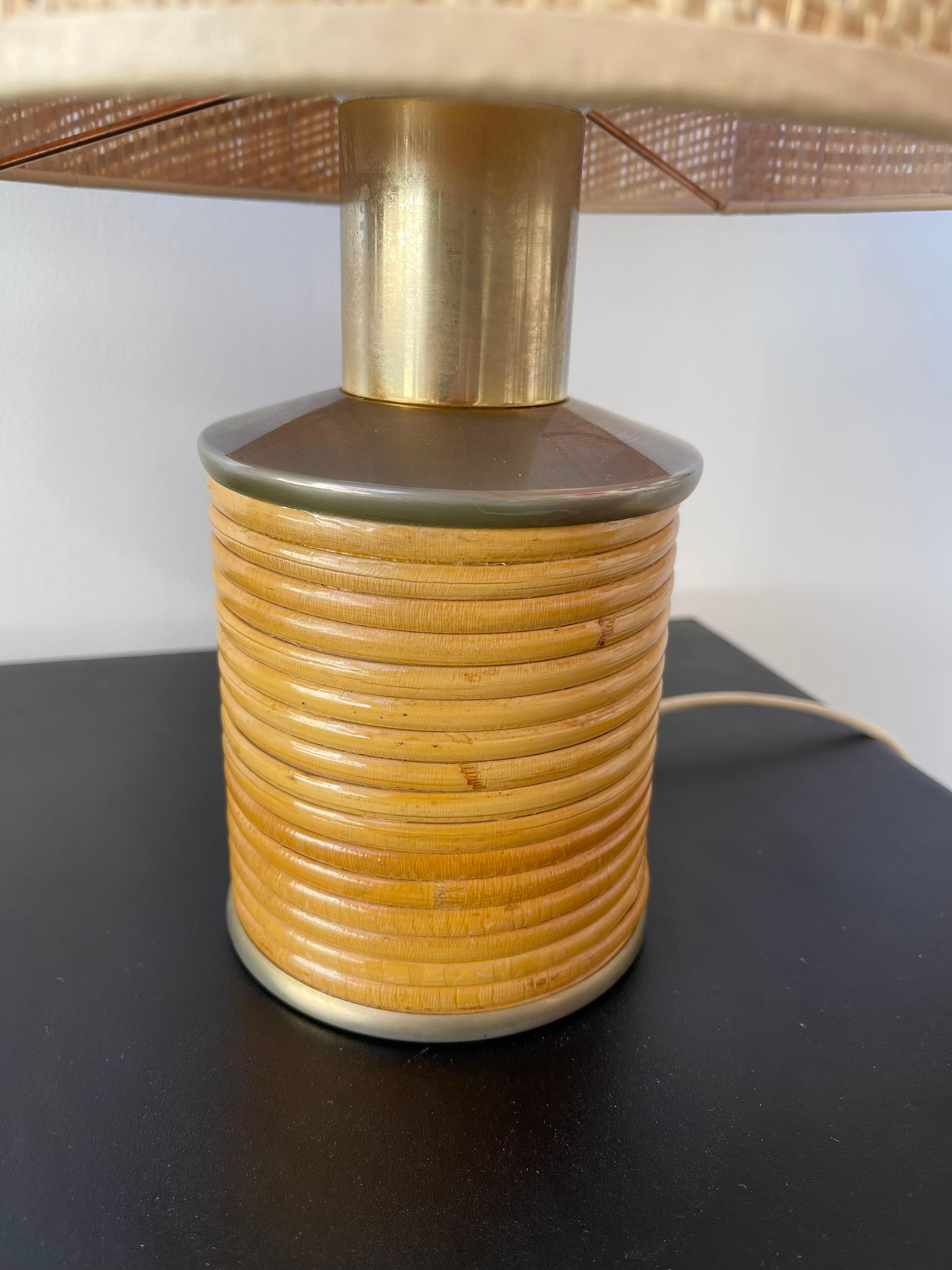 Mid-Century Modern Pair of Rattan and Brass Lamps by Targetti, Italy, 1970s 4