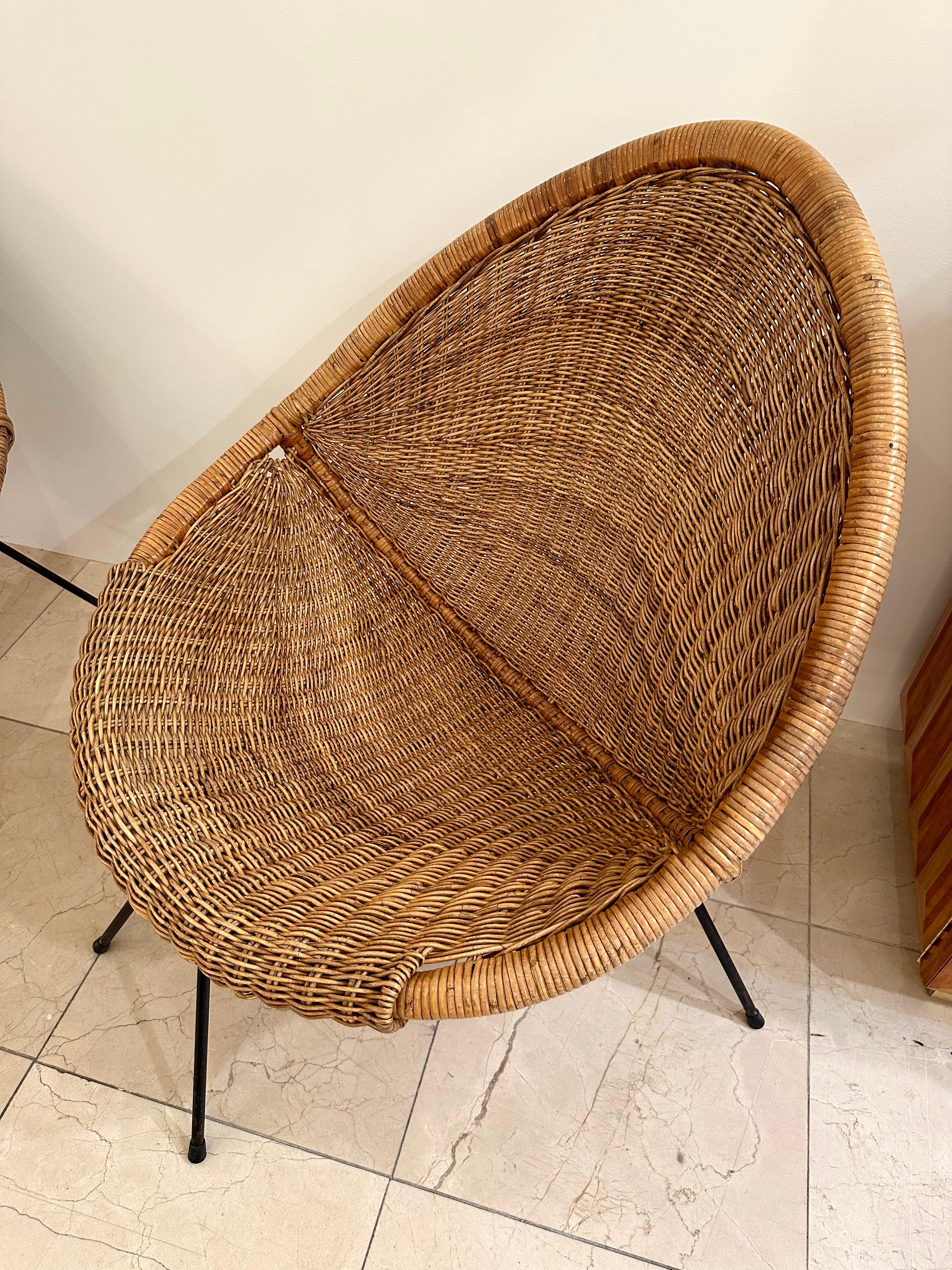 Mid-Century Modern Pair of Rattan Armchairs by Roberto Mango. Italy, 1950s In Good Condition For Sale In SAINT-OUEN, FR